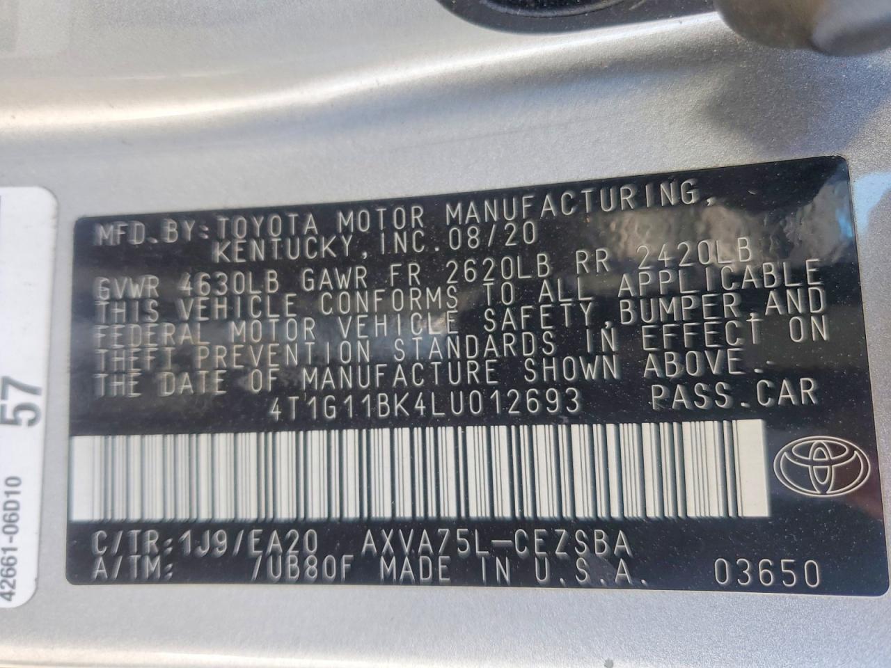 2020 Toyt Camry Hybr Silver vin: 4T1G11BK4LU012693