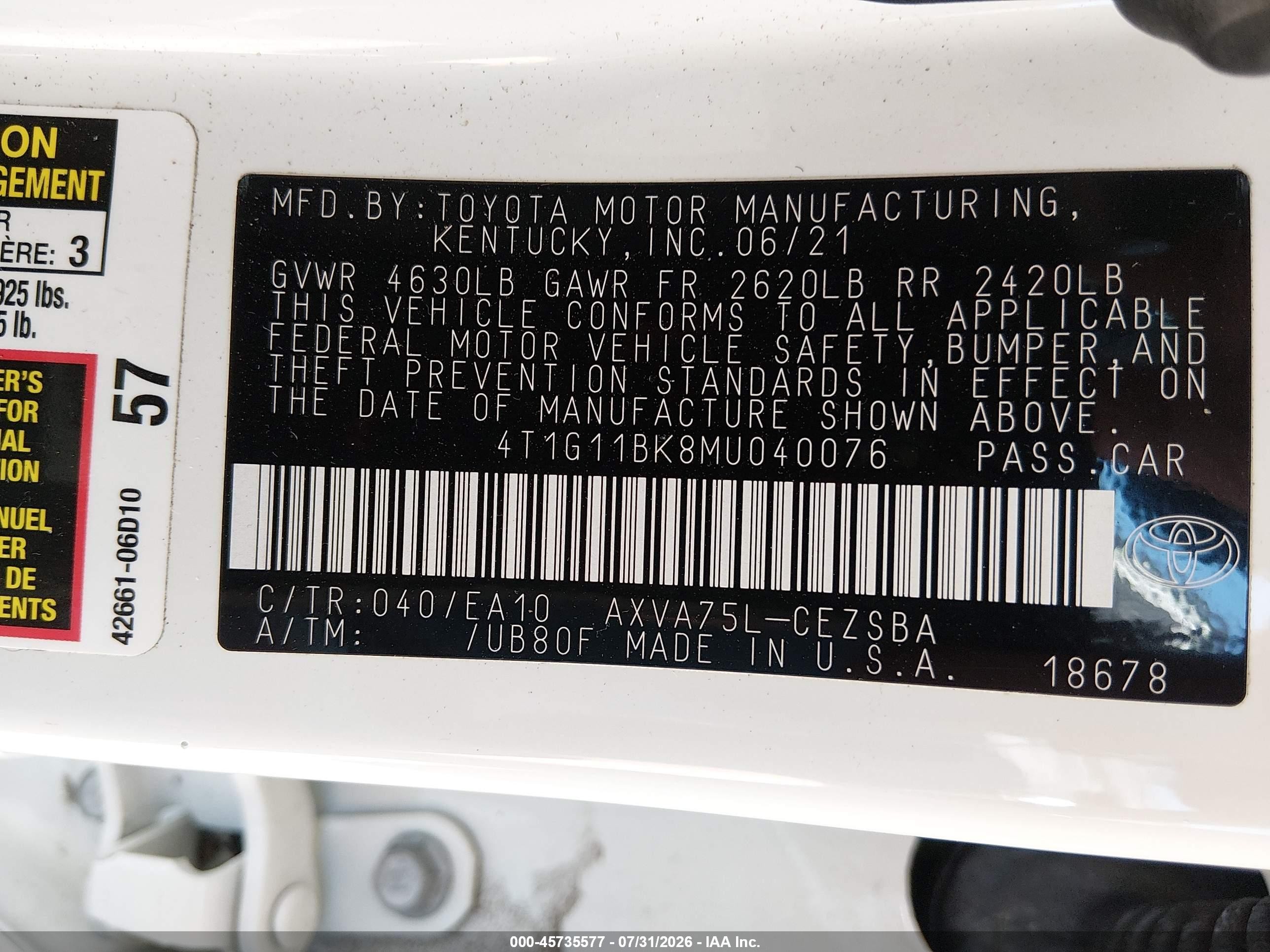 2021 Toyota Camry Se Awd Белый vin: 4T1G11BK8MU040076