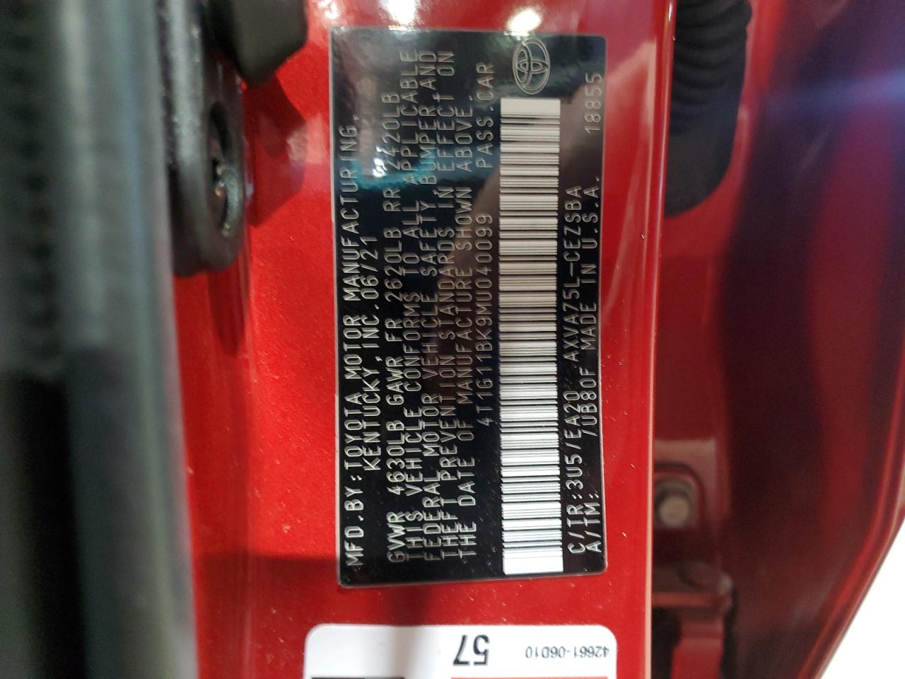 2021 Toyota Camry Se Red vin: 4T1G11BK9MU040099
