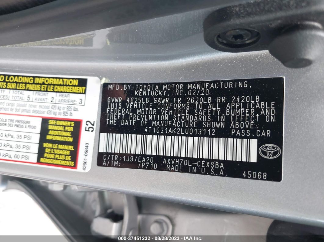 2020 Toyota Camry Se Hybrid Silver vin: 4T1G31AK2LU013112