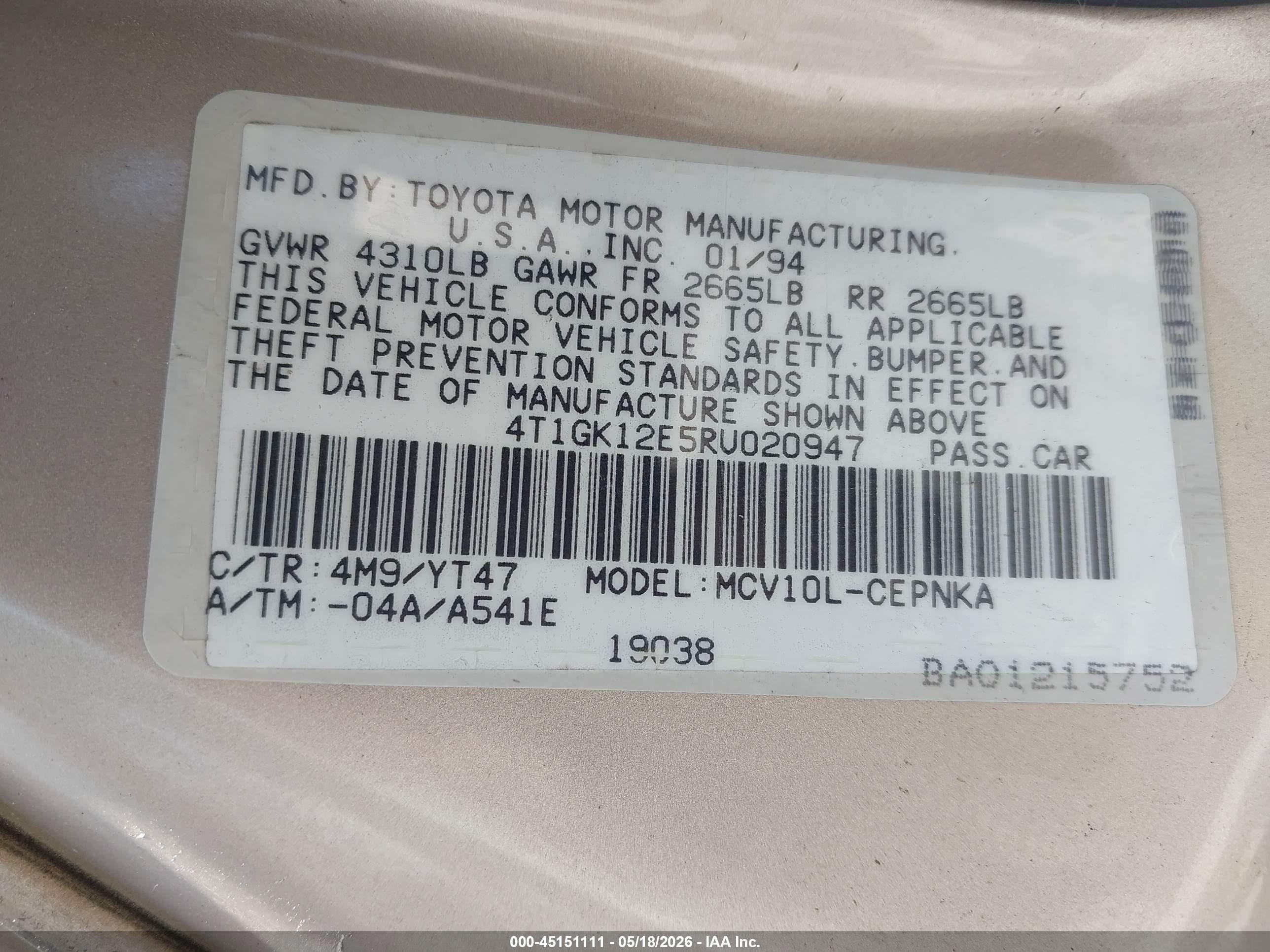 1994 Toyota Camry Le Gold vin: 4T1GK12E5RU020947
