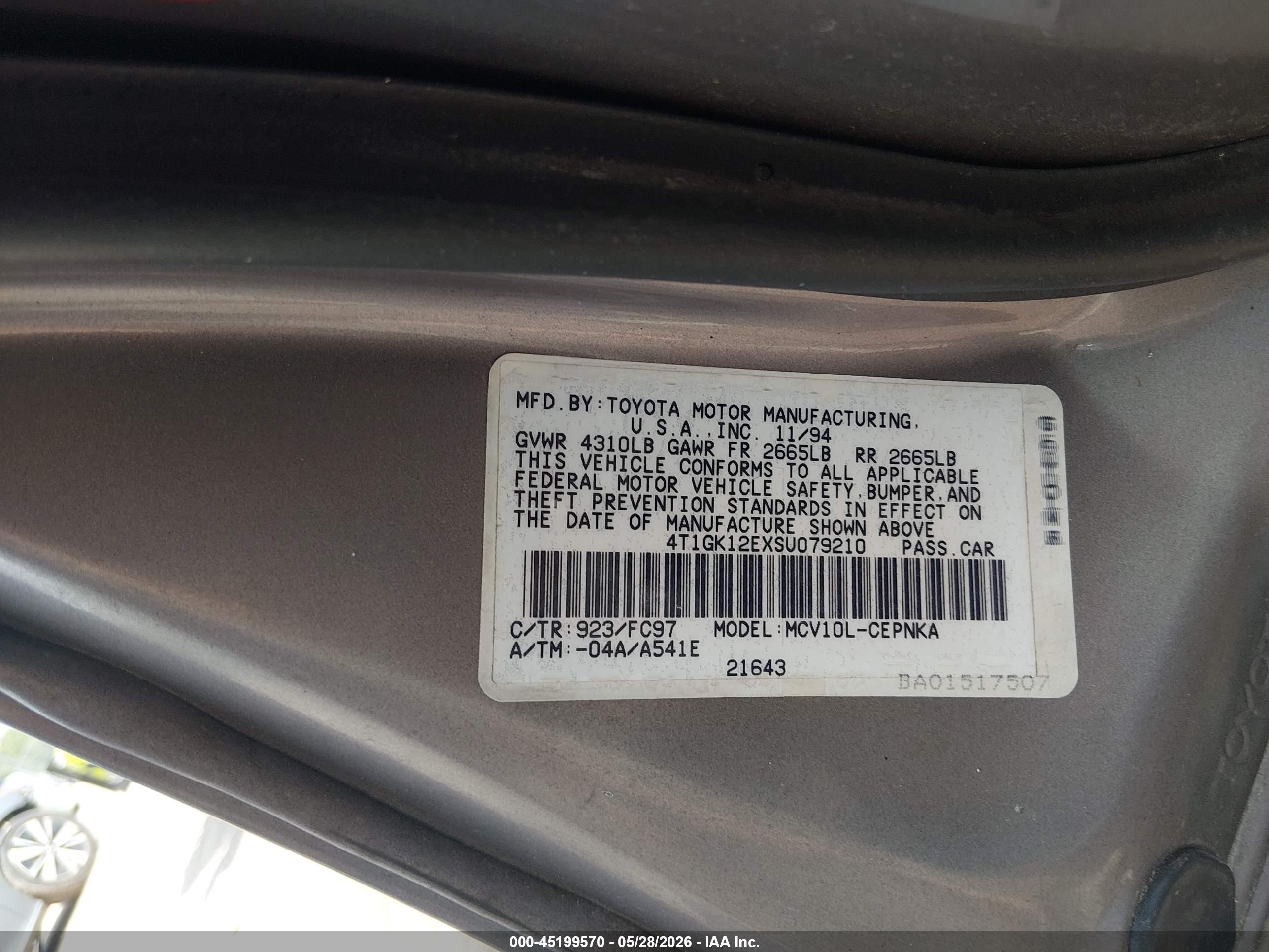 1995 Toyota Camry Le Silver vin: 4T1GK12EXSU079210