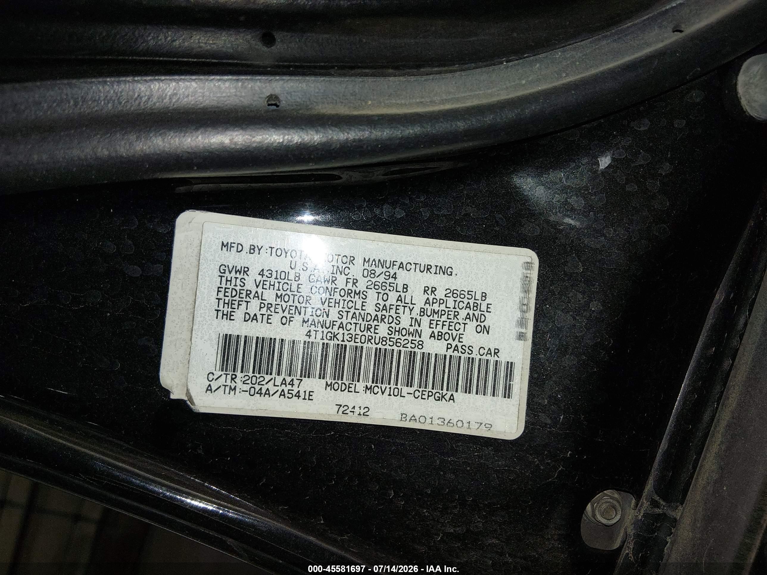 1994 Toyota Camry Xle Black vin: 4T1GK13E0RU856258