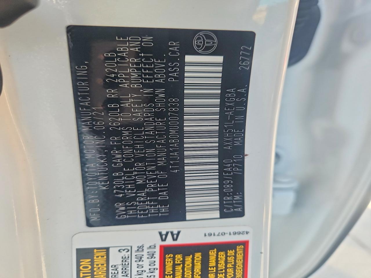 2021 Toyota Avalon Xle White vin: 4T1JA1AB0MU007838