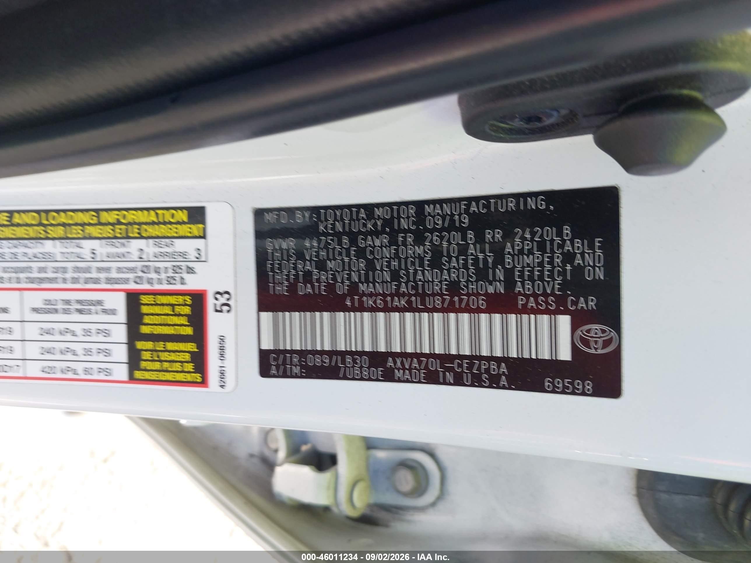 2020 Toyota Camry Xse White vin: 4T1K61AK1LU871706