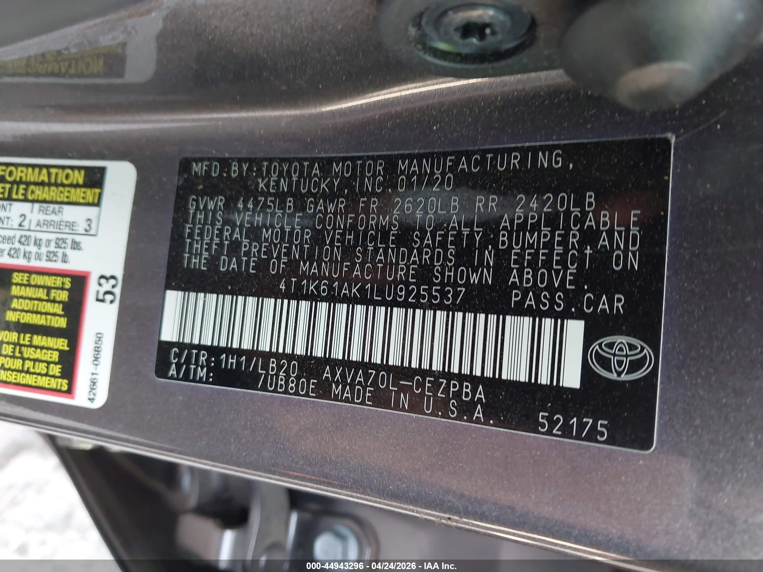 2020 Toyota Camry Xse Серый vin: 4T1K61AK1LU925537