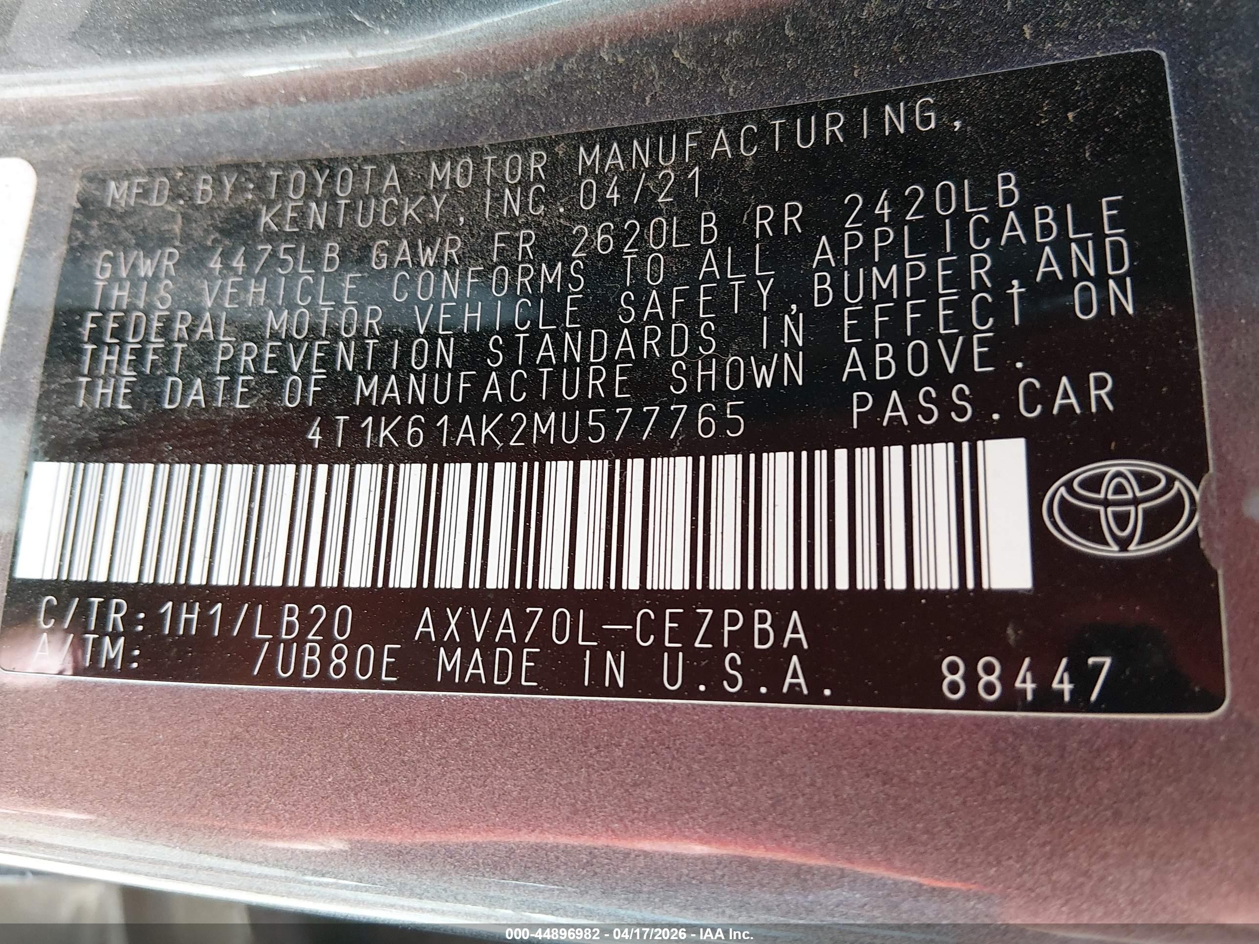 2021 Toyota Camry Xse Серый vin: 4T1K61AK2MU577765