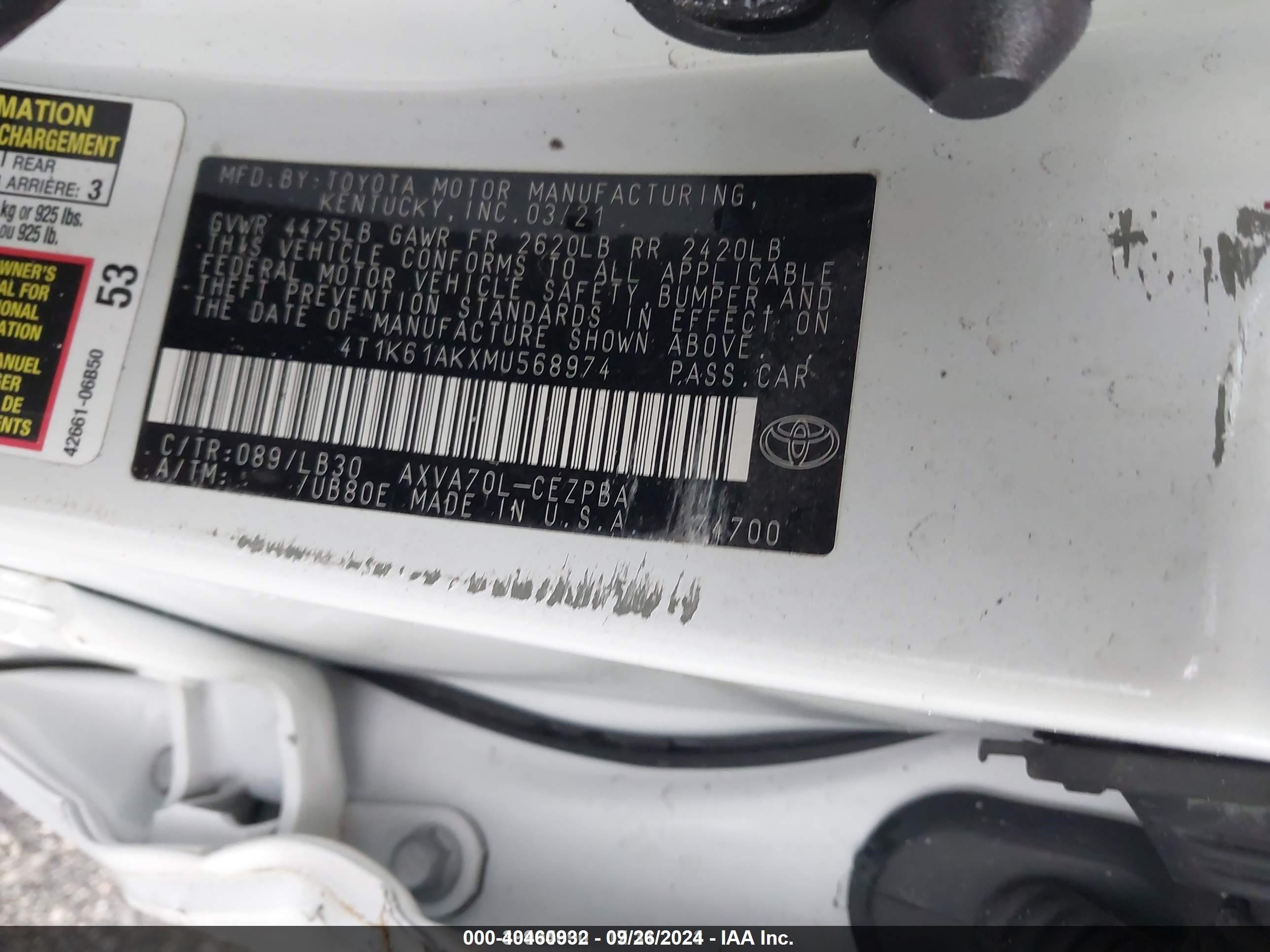 2021 Toyota Camry Xse Белый vin: 4T1K61AKXMU568974