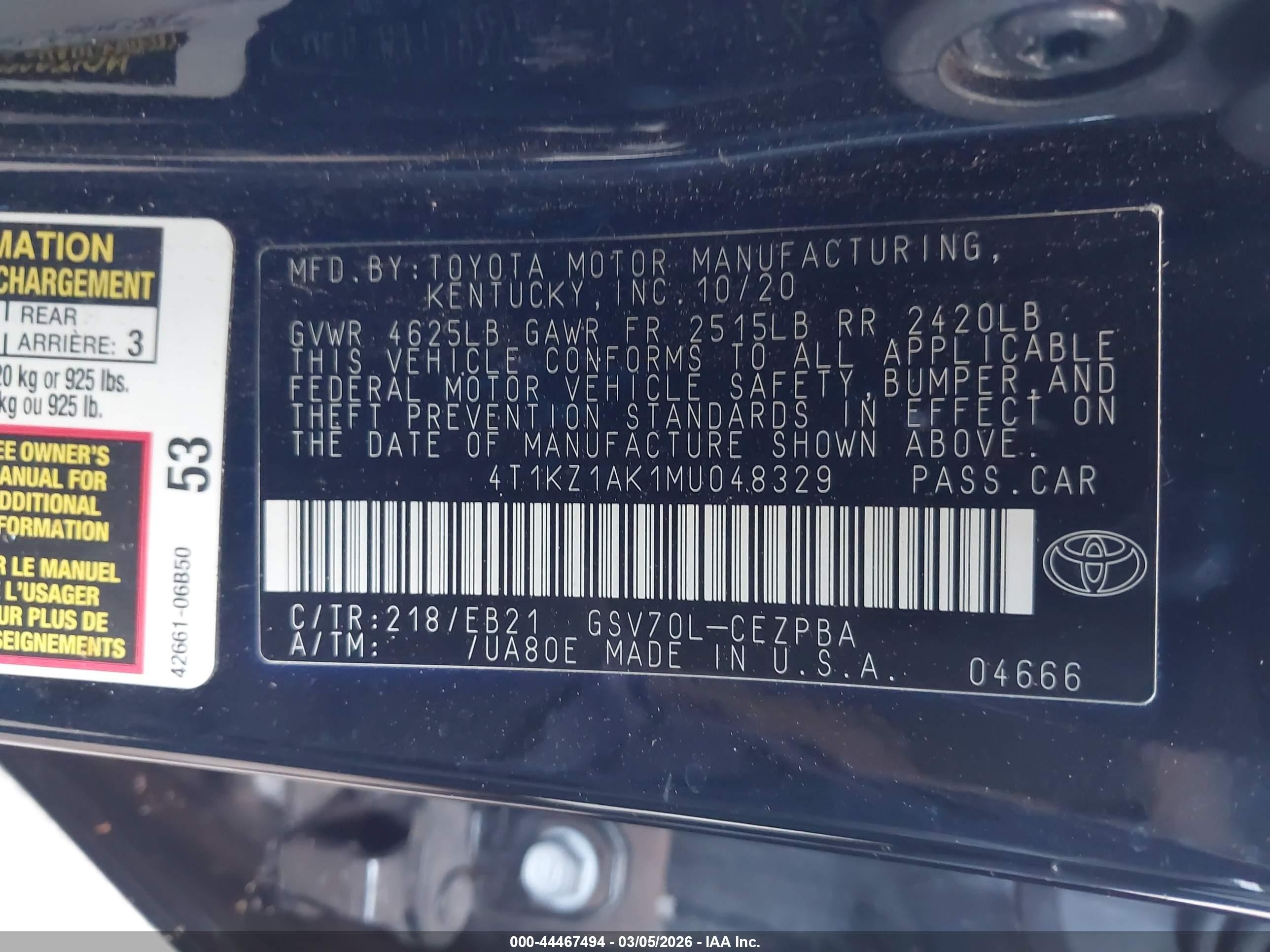2021 Toyota Camry Trd Black vin: 4T1KZ1AK1MU048329