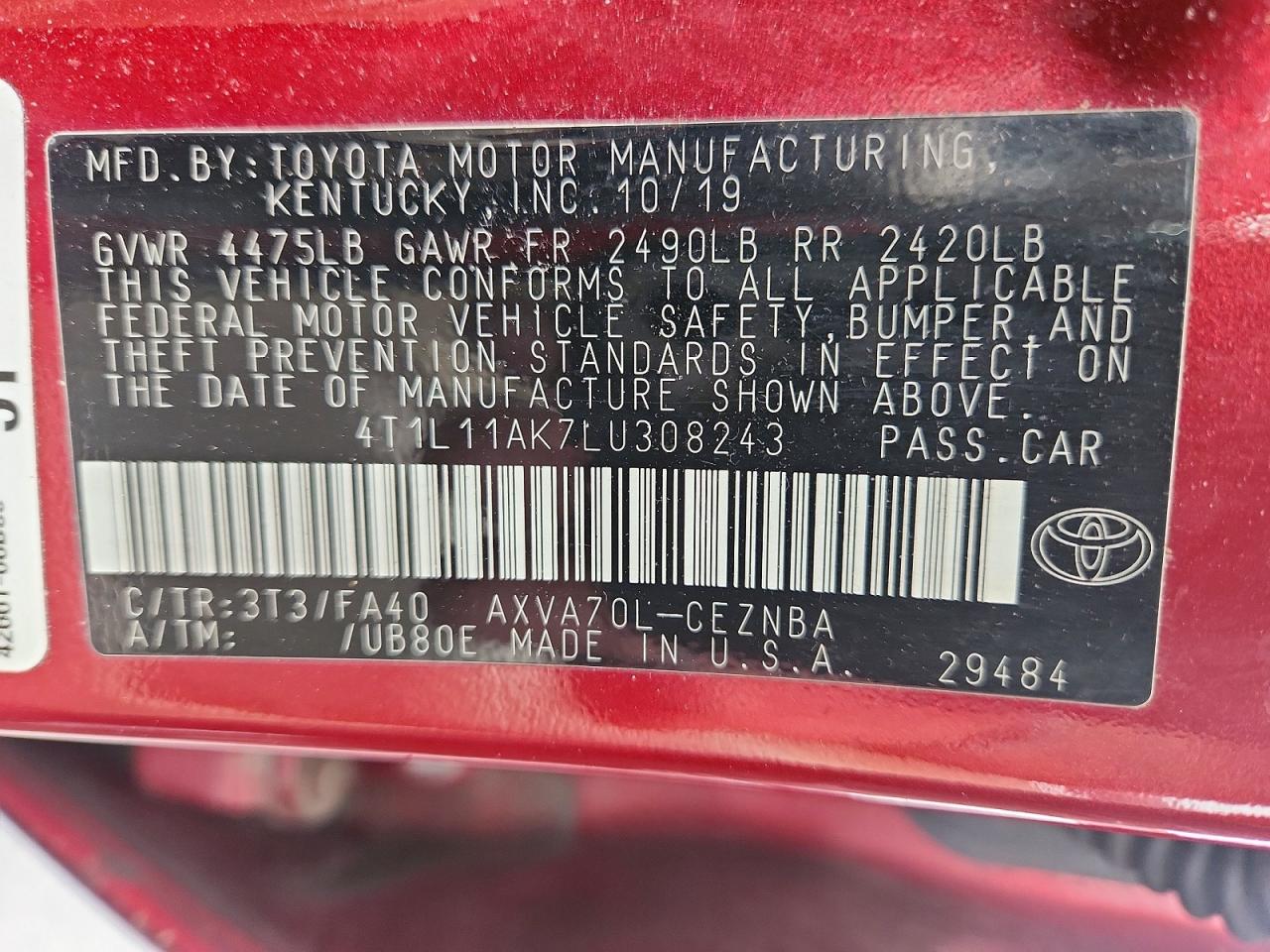 2020 Toyota Camry Le Темно-бордовый vin: 4T1L11AK7LU308243