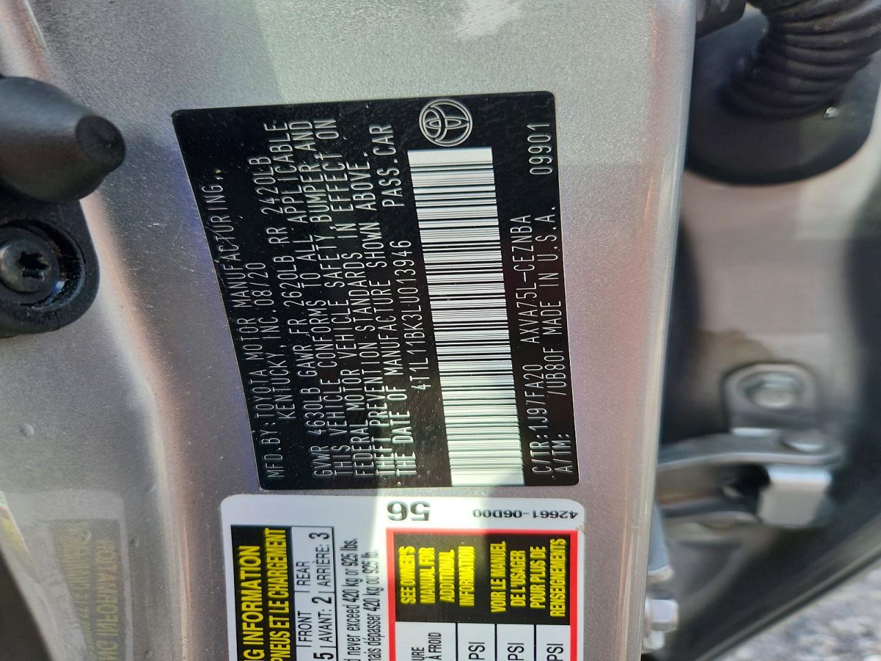 2020 Toyota Camry Le Серебряный vin: 4T1L11BK3LU013946