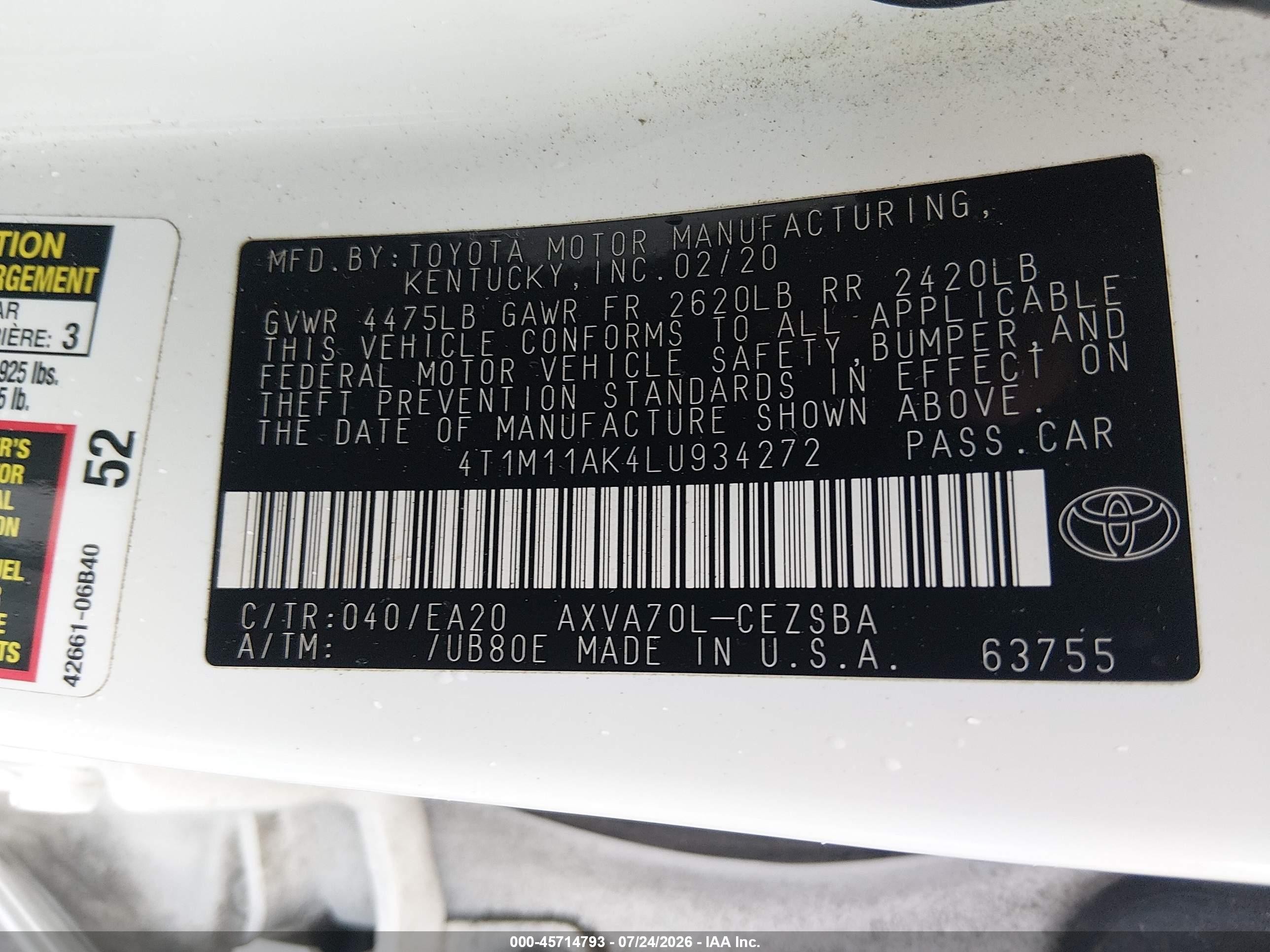 2020 Toyota Camry Se White vin: 4T1M11AK4LU934272