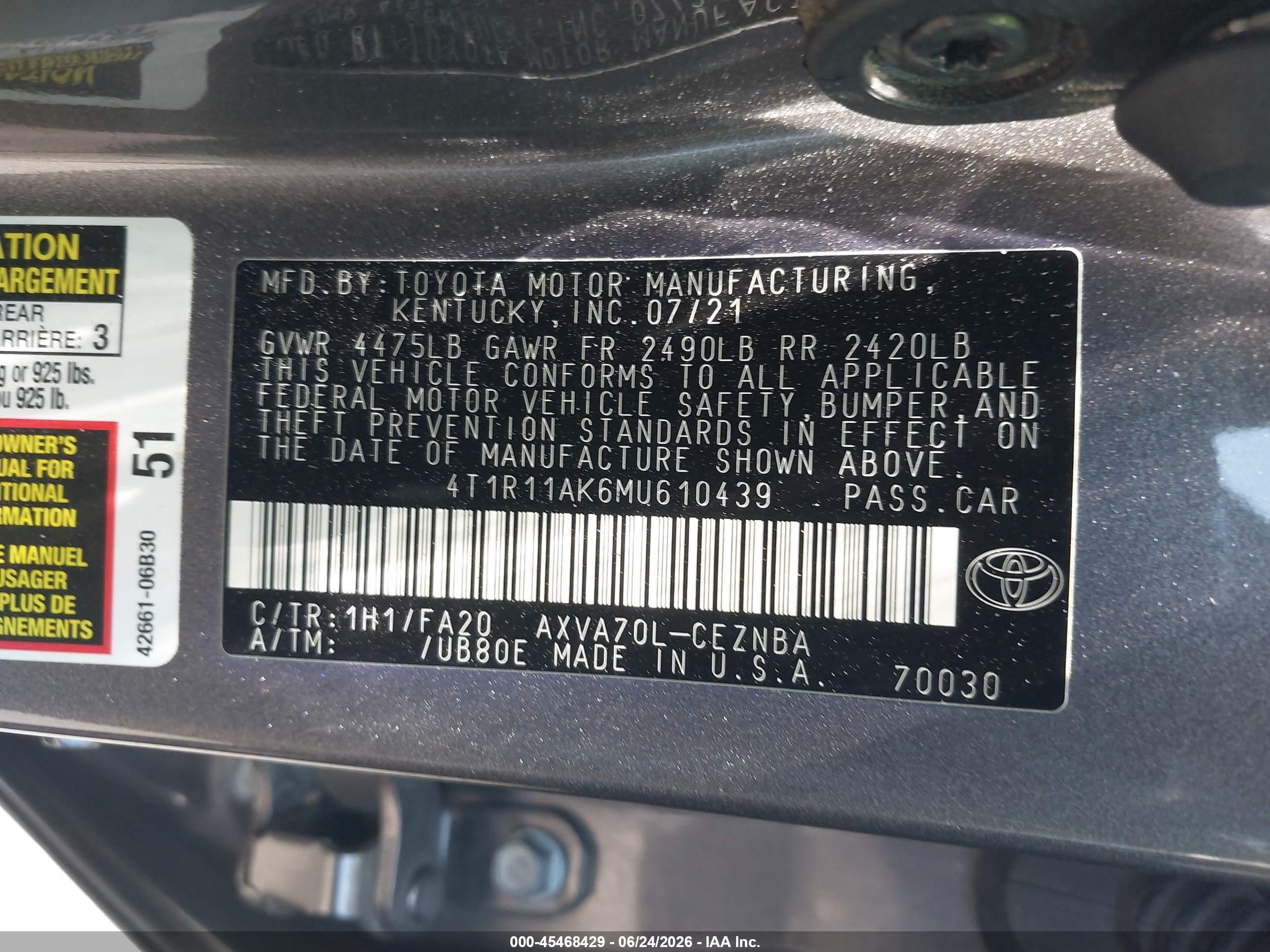 2021 Toyota Camry Le Gray vin: 4T1R11AK6MU610439