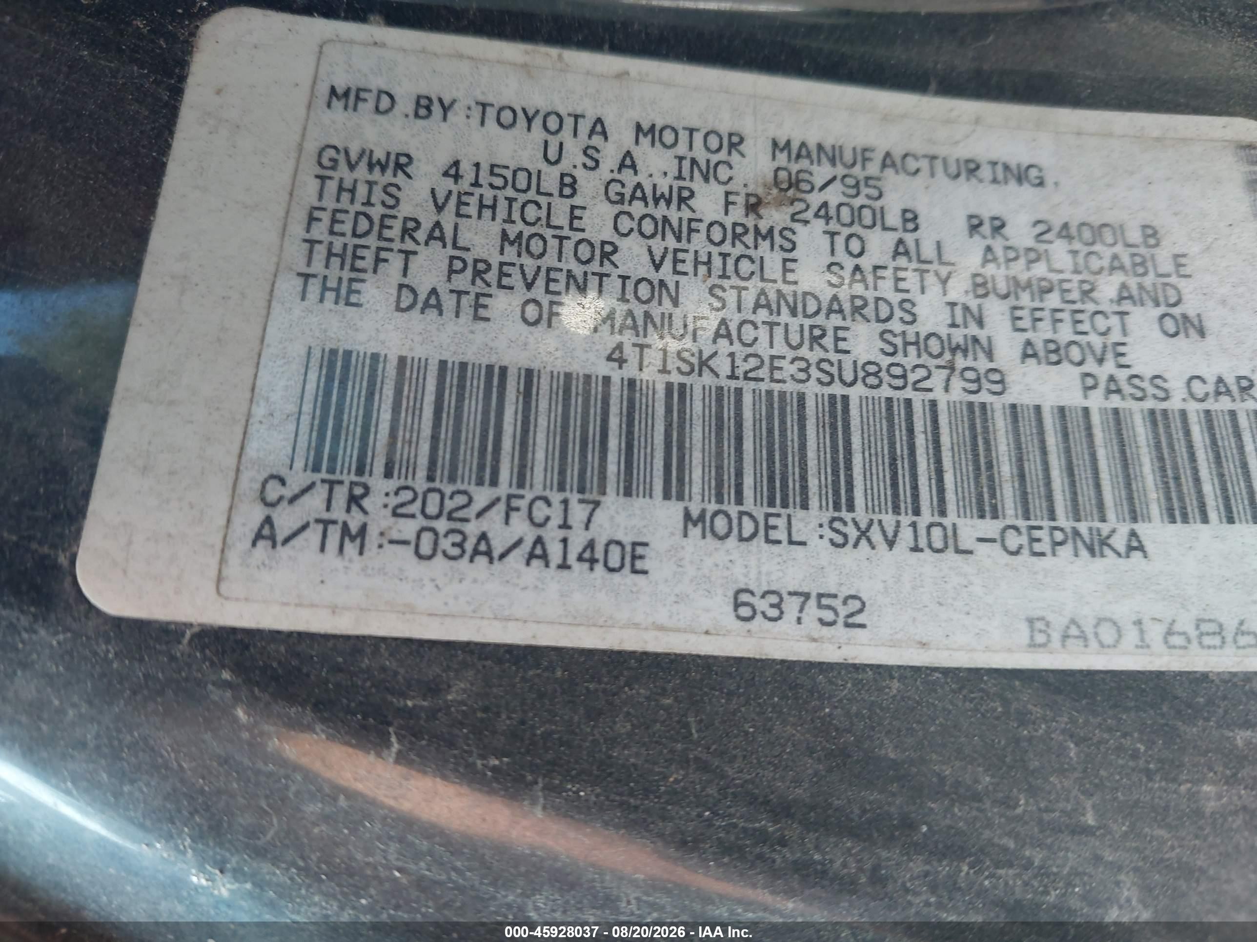 1995 Toyota Camry Le Черный vin: 4T1SK12E3SU892799