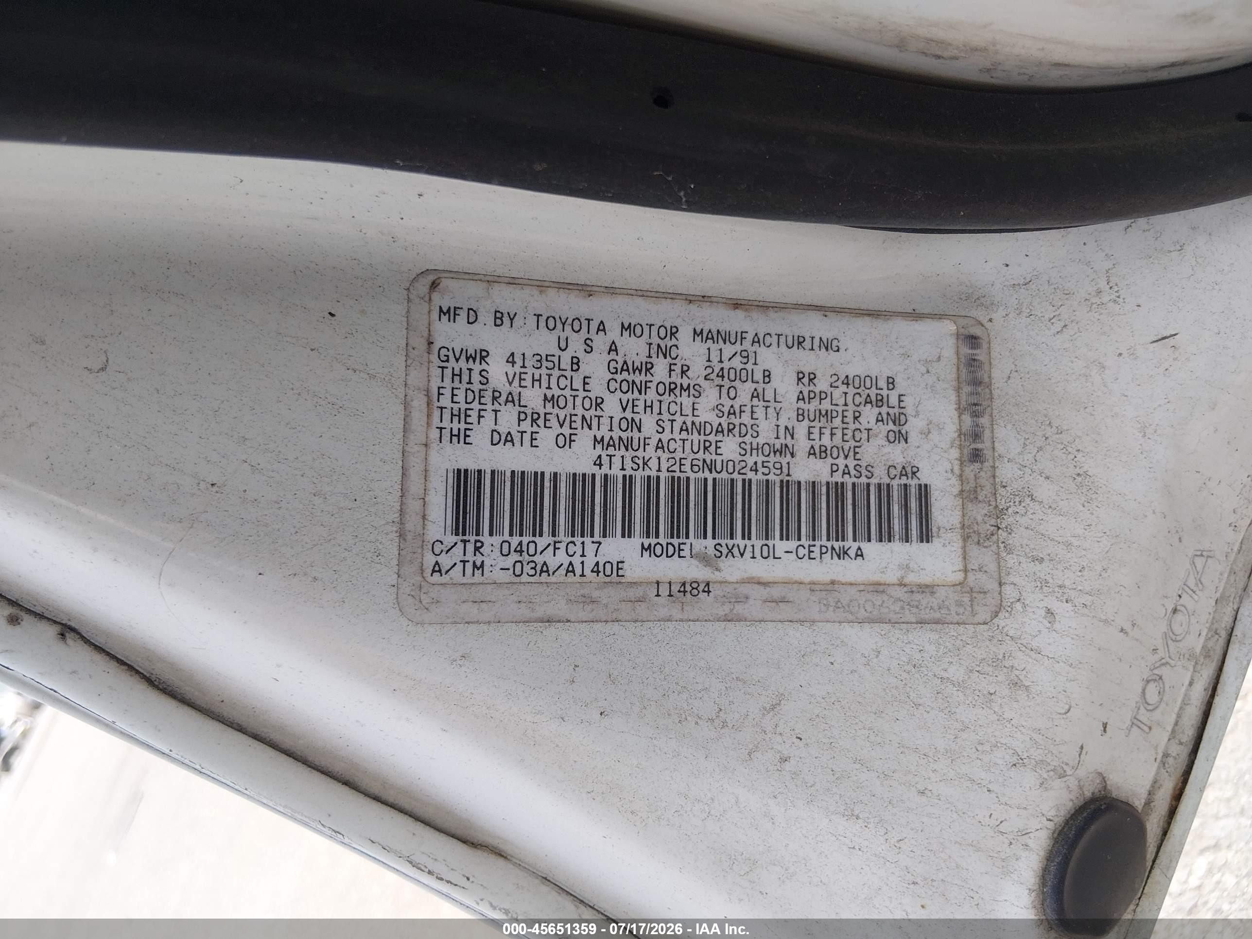 1992 Toyota Camry Le White vin: 4T1SK12E6NU024591