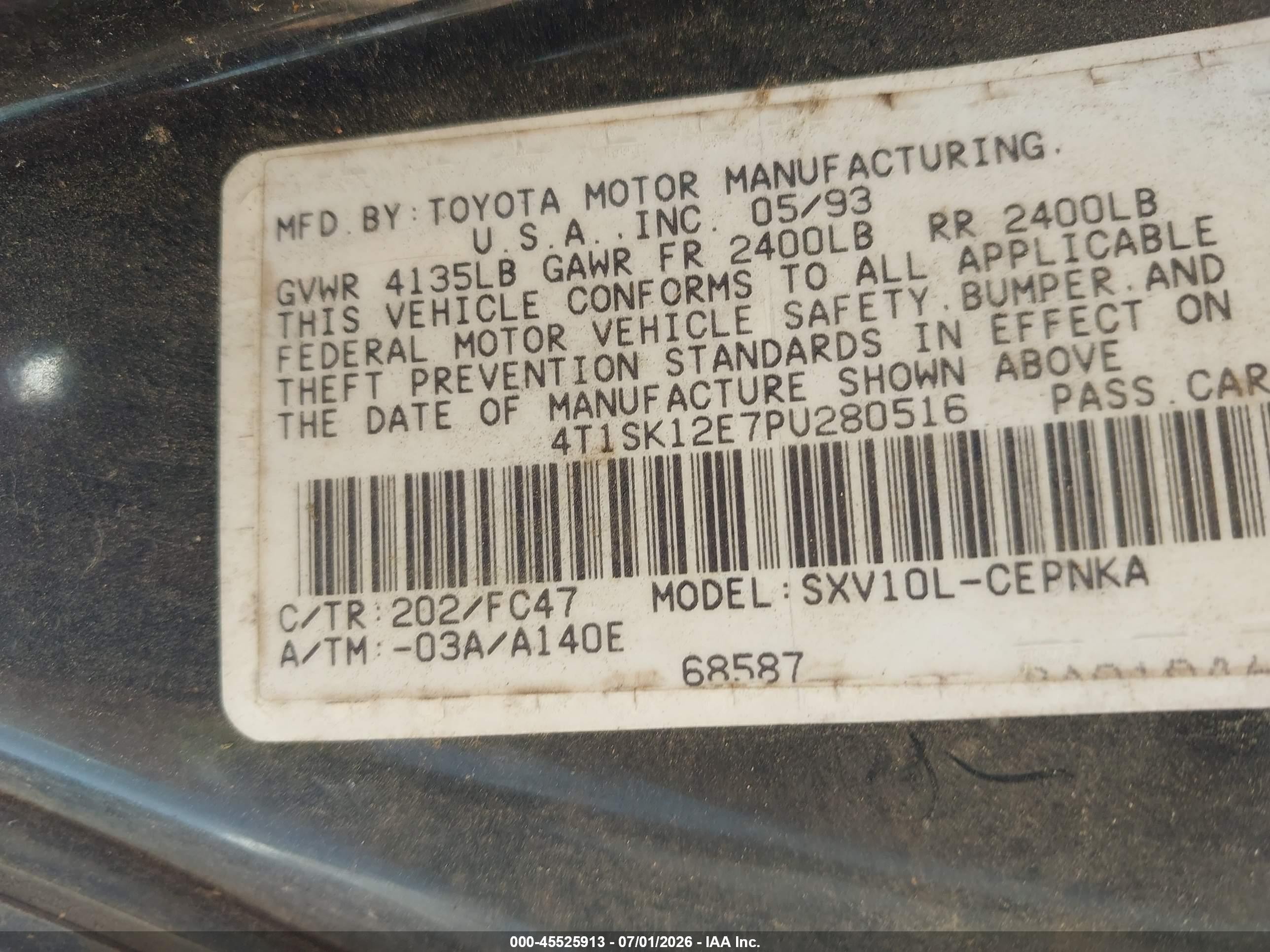 1993 Toyota Camry Le Black vin: 4T1SK12E7PU280516