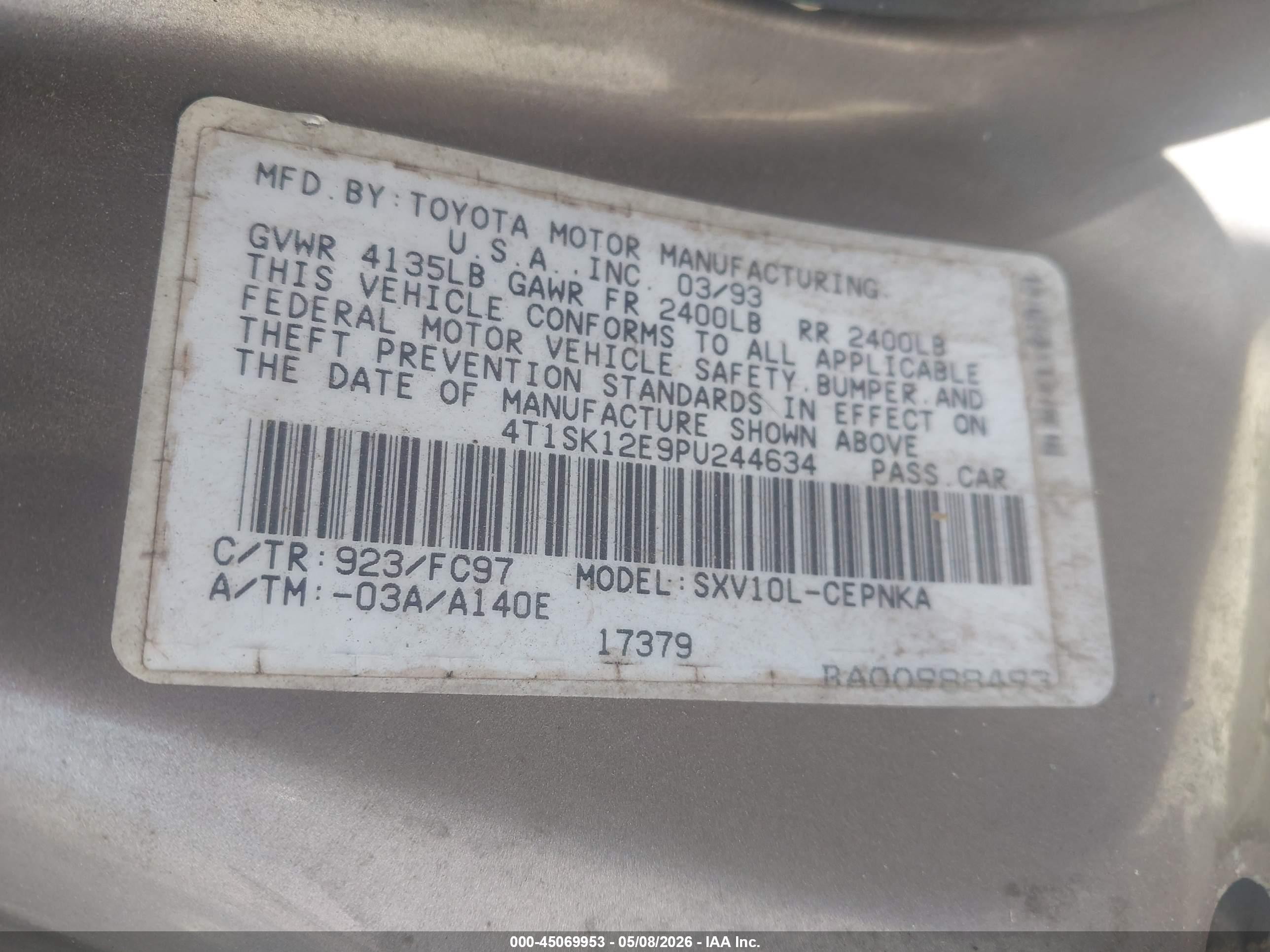 1993 Toyota Camry Le Silver vin: 4T1SK12E9PU244634
