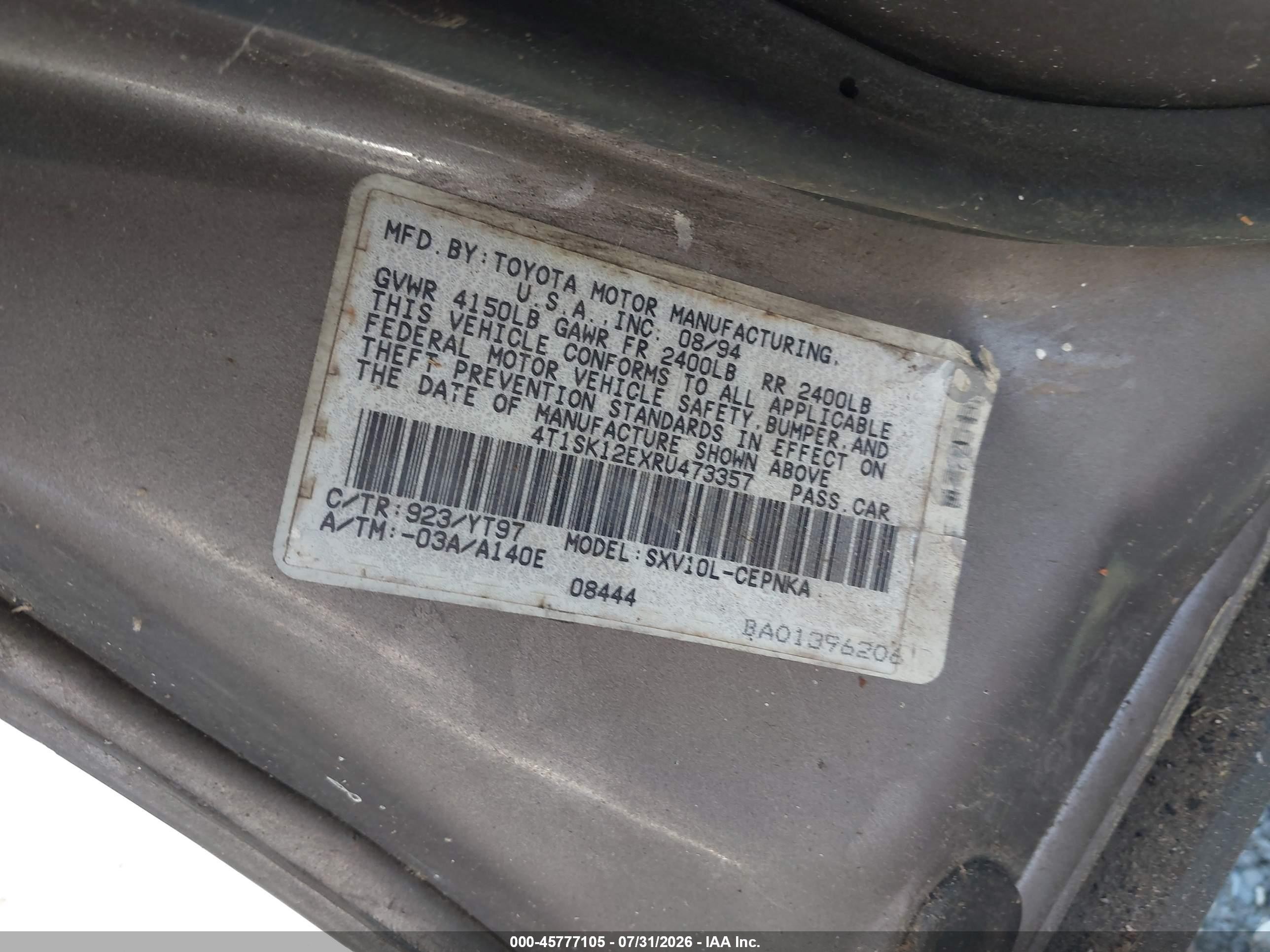 1994 Toyota Camry Le Gray vin: 4T1SK12EXRU473357
