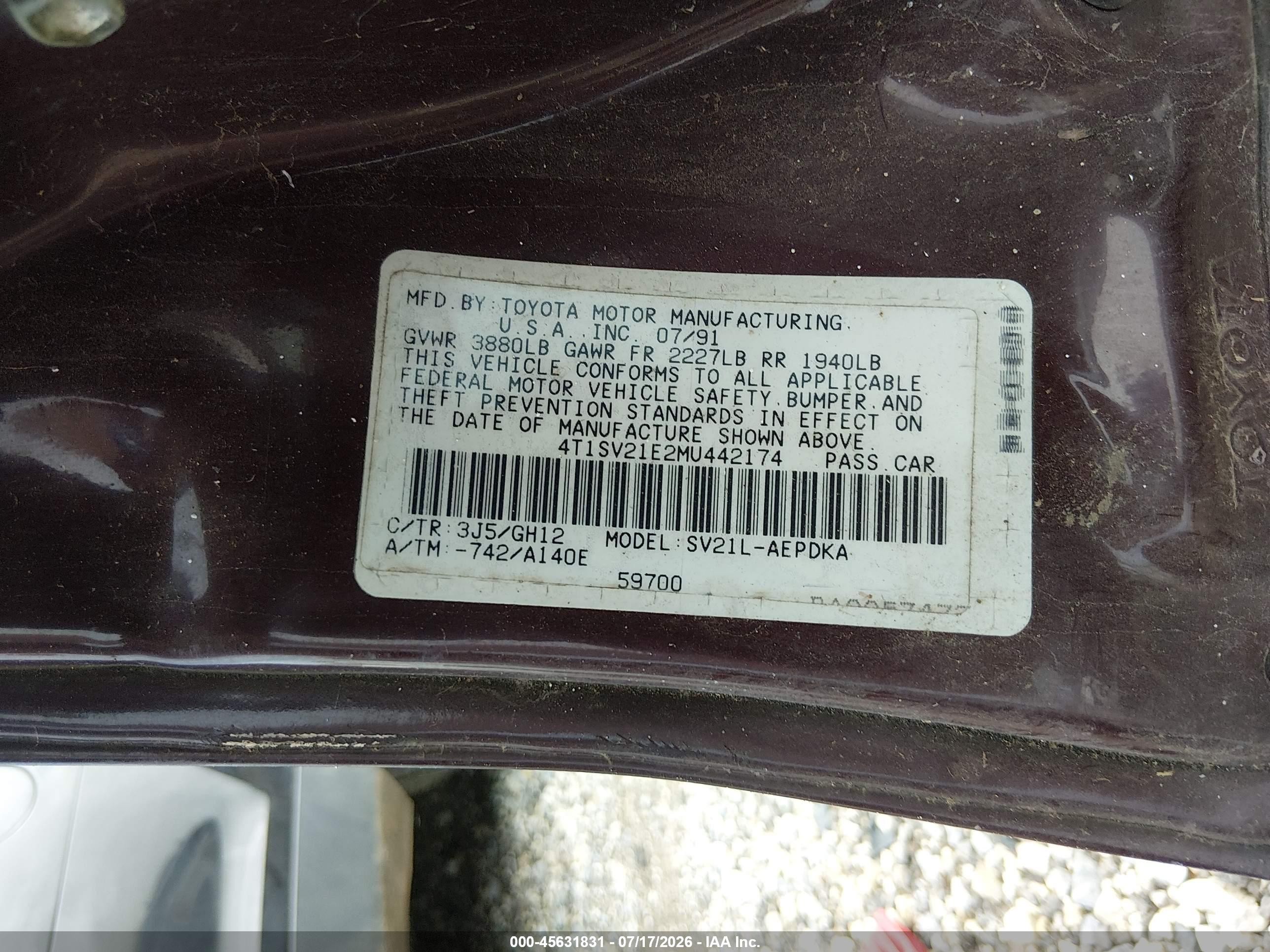 1991 Toyota Camry Dlx Burgundy vin: 4T1SV21E2MU442174