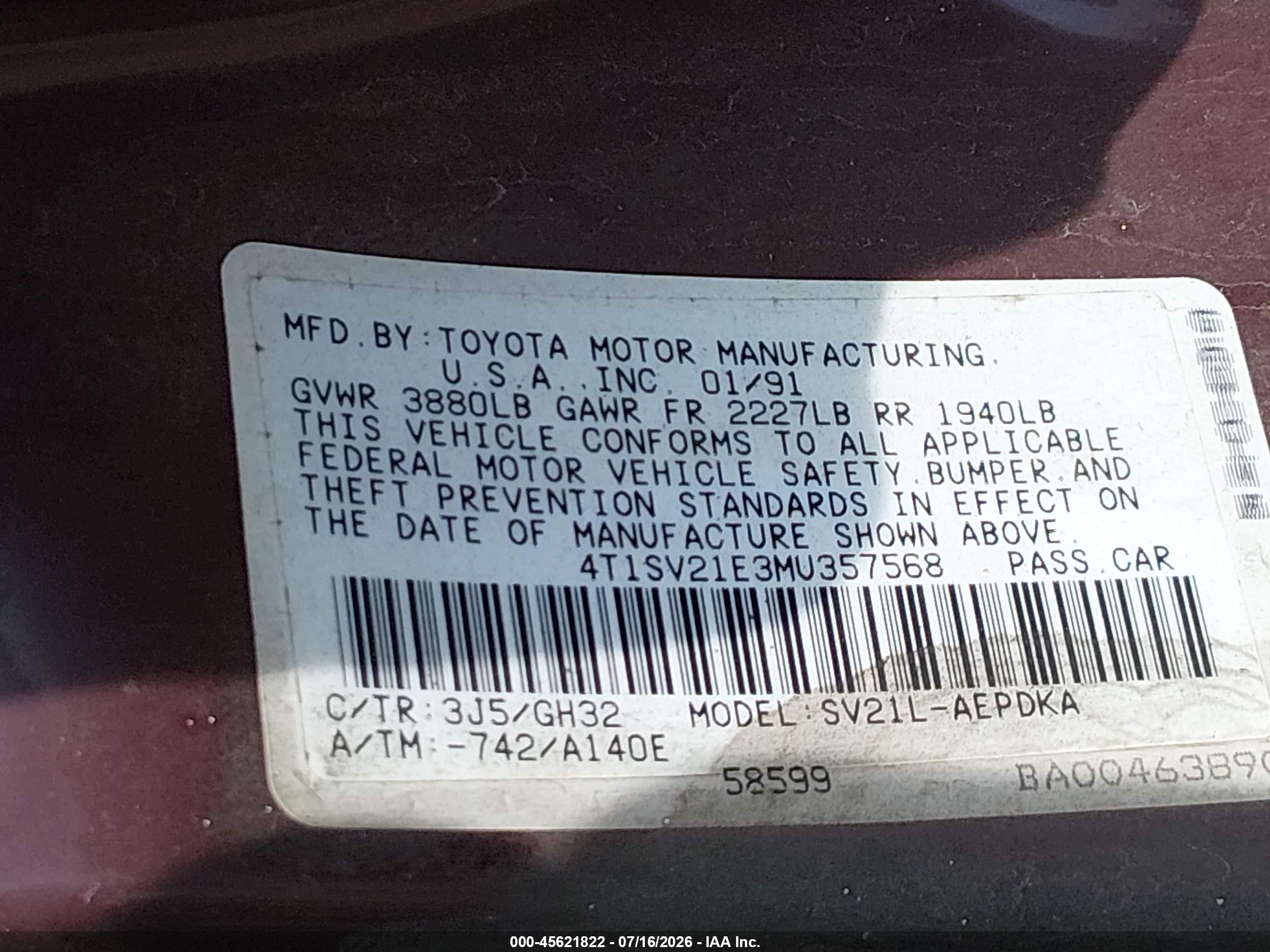1991 Toyota Camry Dlx Purple vin: 4T1SV21E3MU357568