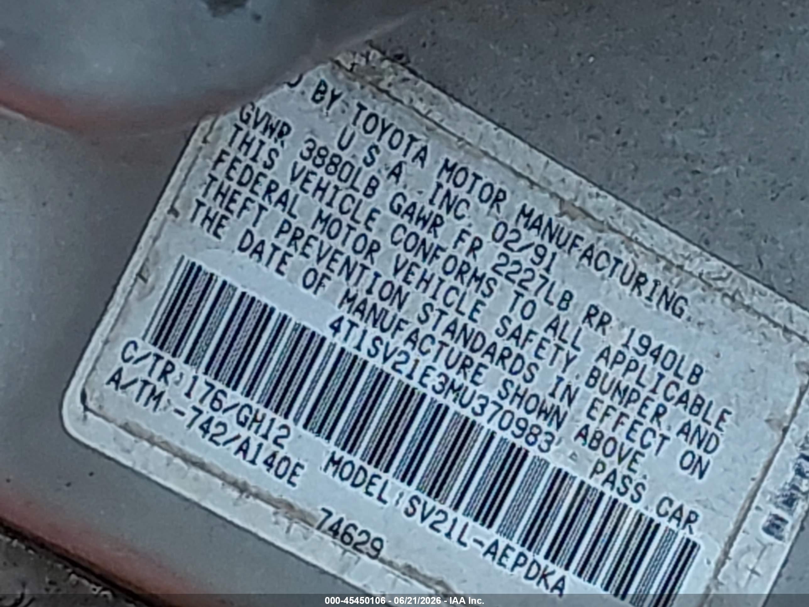 1991 Toyota Camry Dlx Gray vin: 4T1SV21E3MU370983