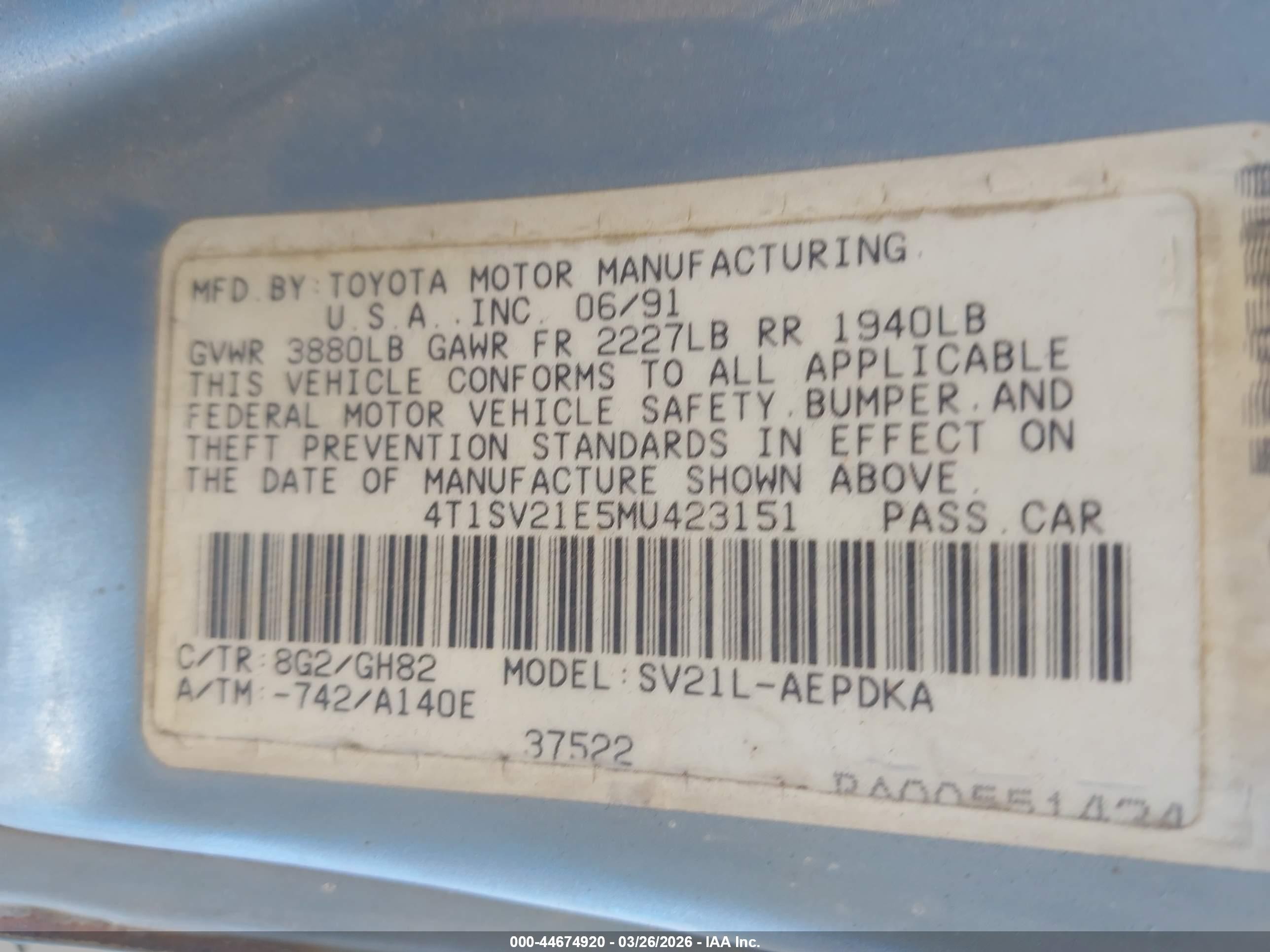 1991 Toyota Camry Dlx Silver vin: 4T1SV21E5MU423151