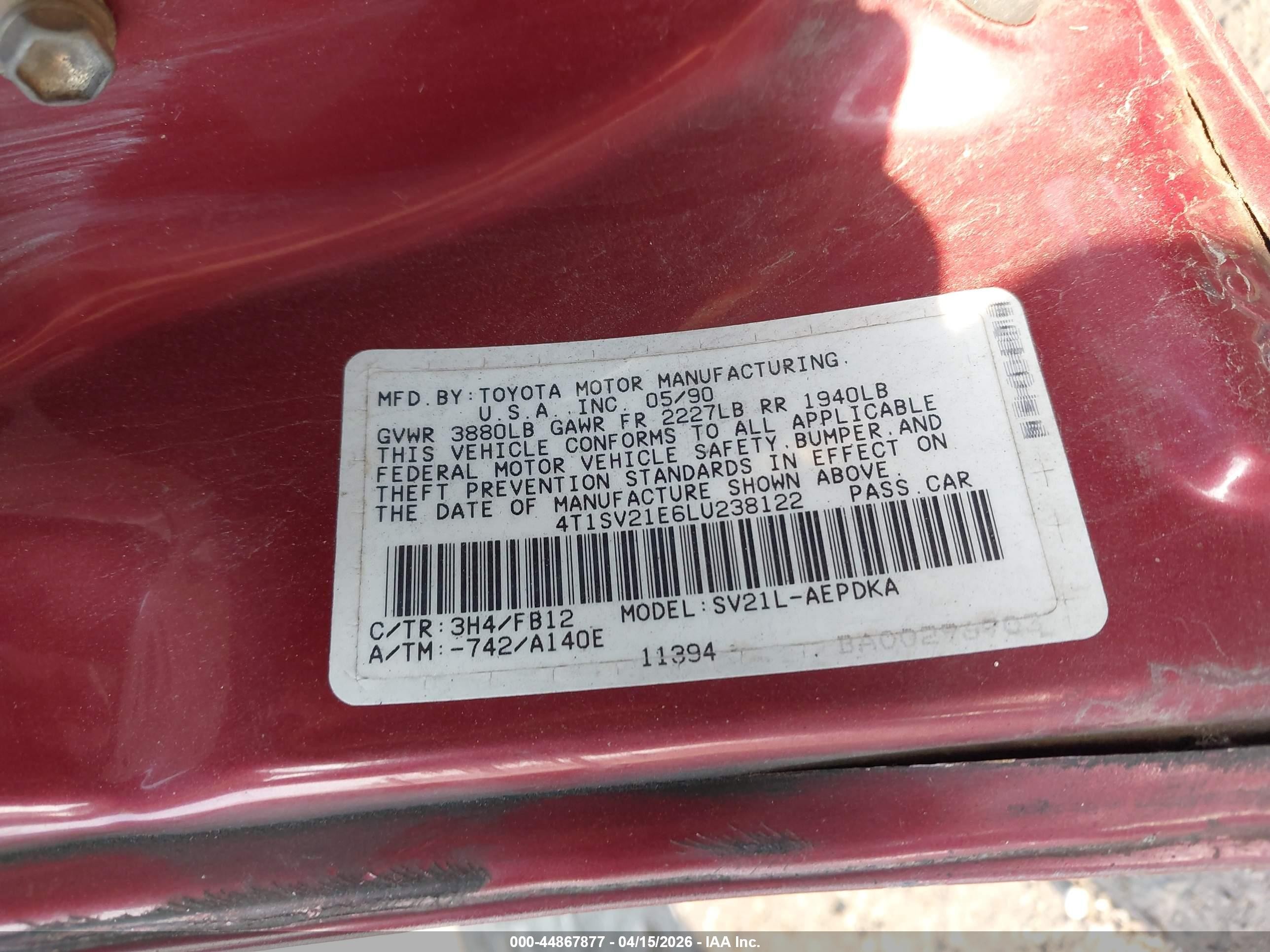 1990 Toyota Camry Dlx Красный vin: 4T1SV21E6LU238122