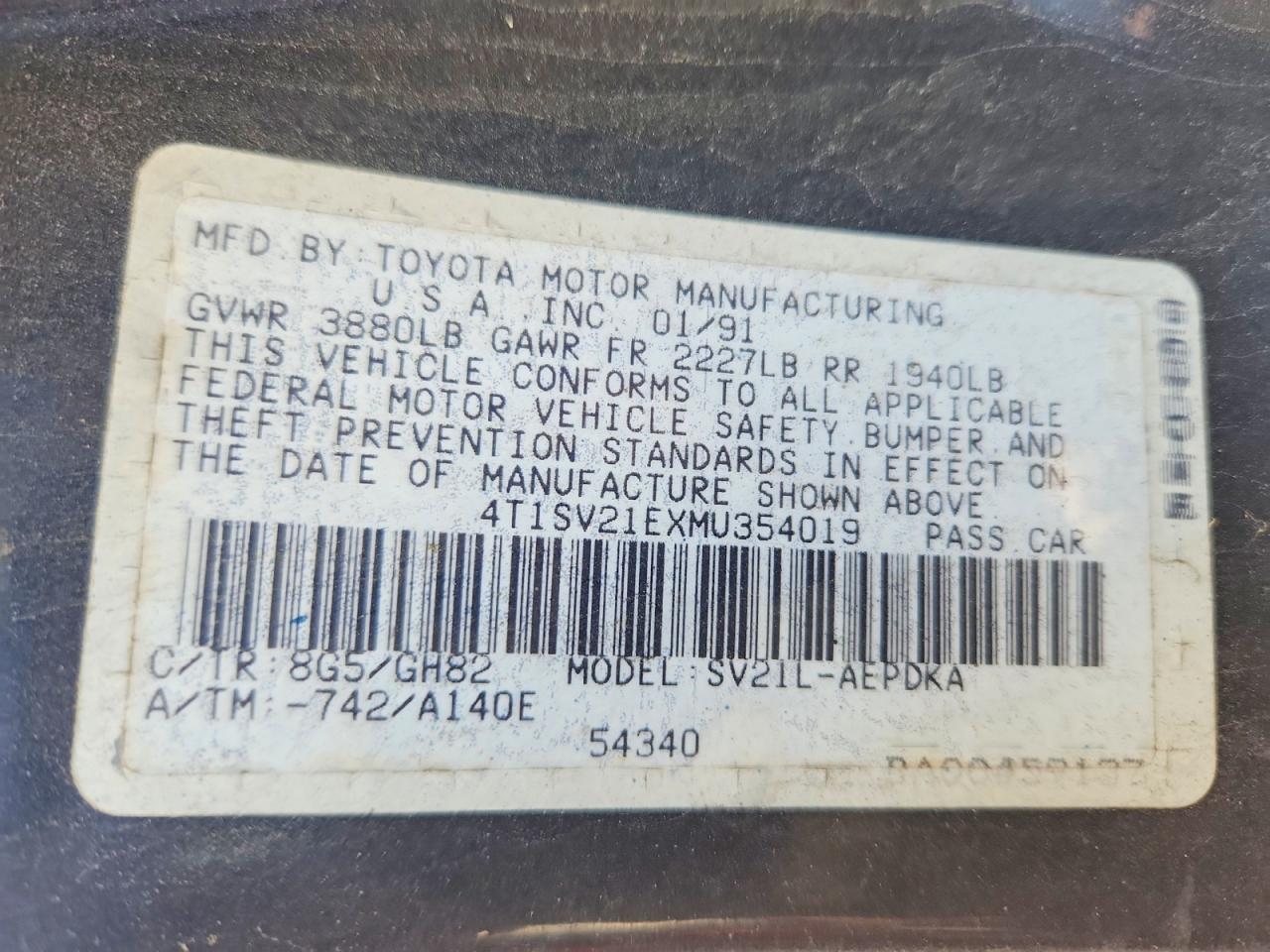1991 Toyota Camry Dlx Blue vin: 4T1SV21EXMU354019