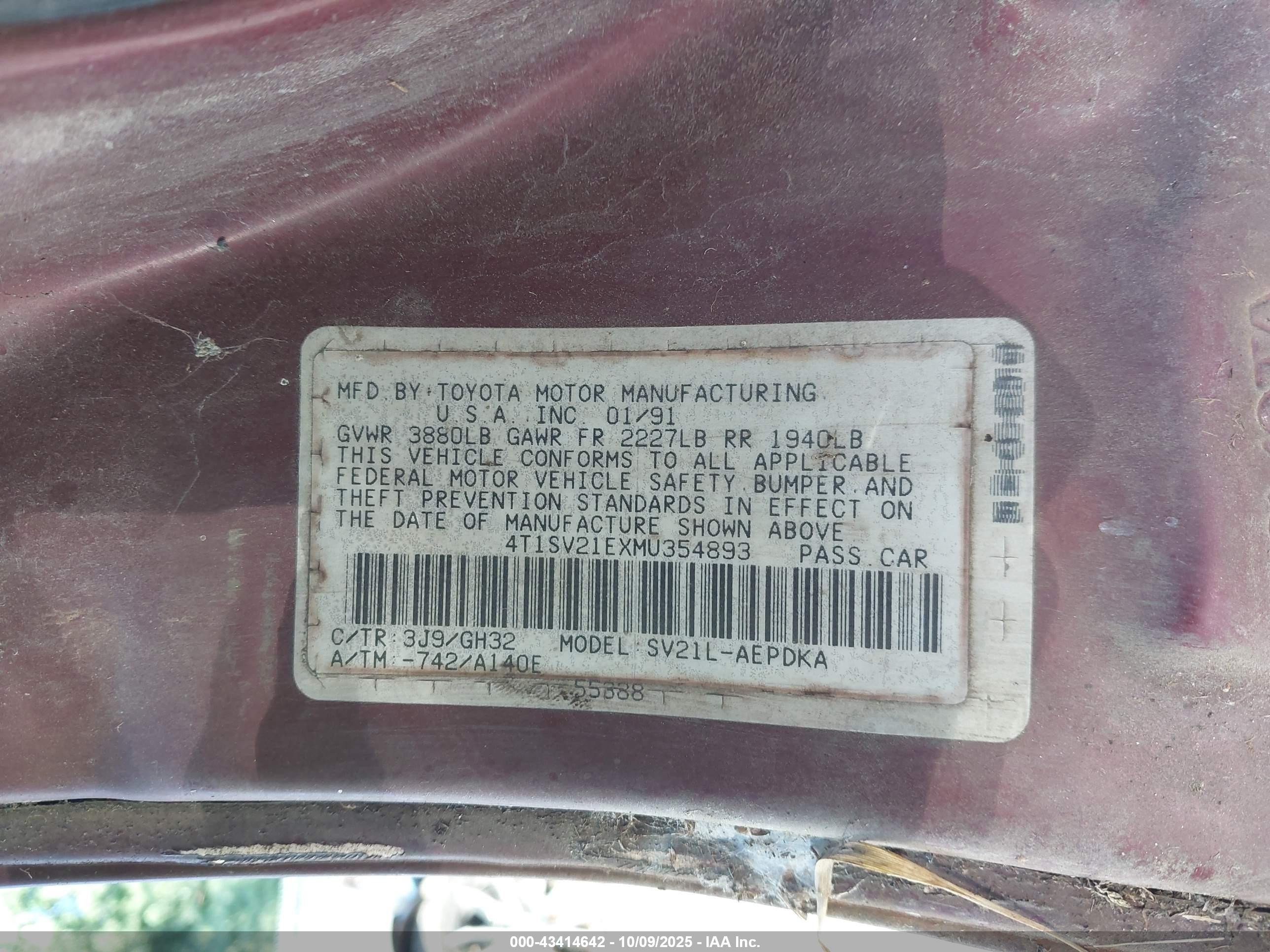 1991 Toyota Camry Dlx Red vin: 4T1SV21EXMU354893