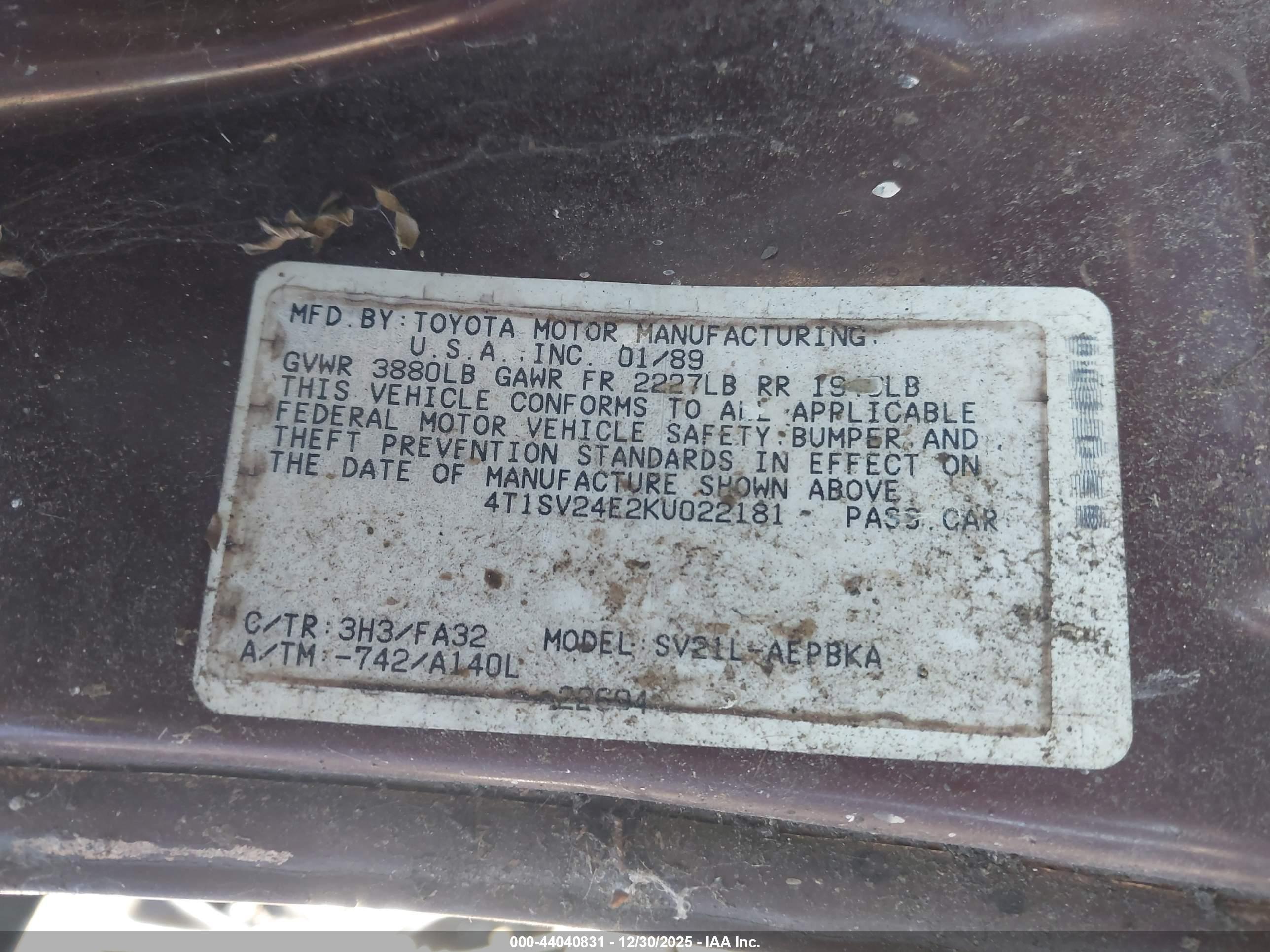 1989 Toyota Camry   Бордовый vin: 4T1SV24E2KU022181