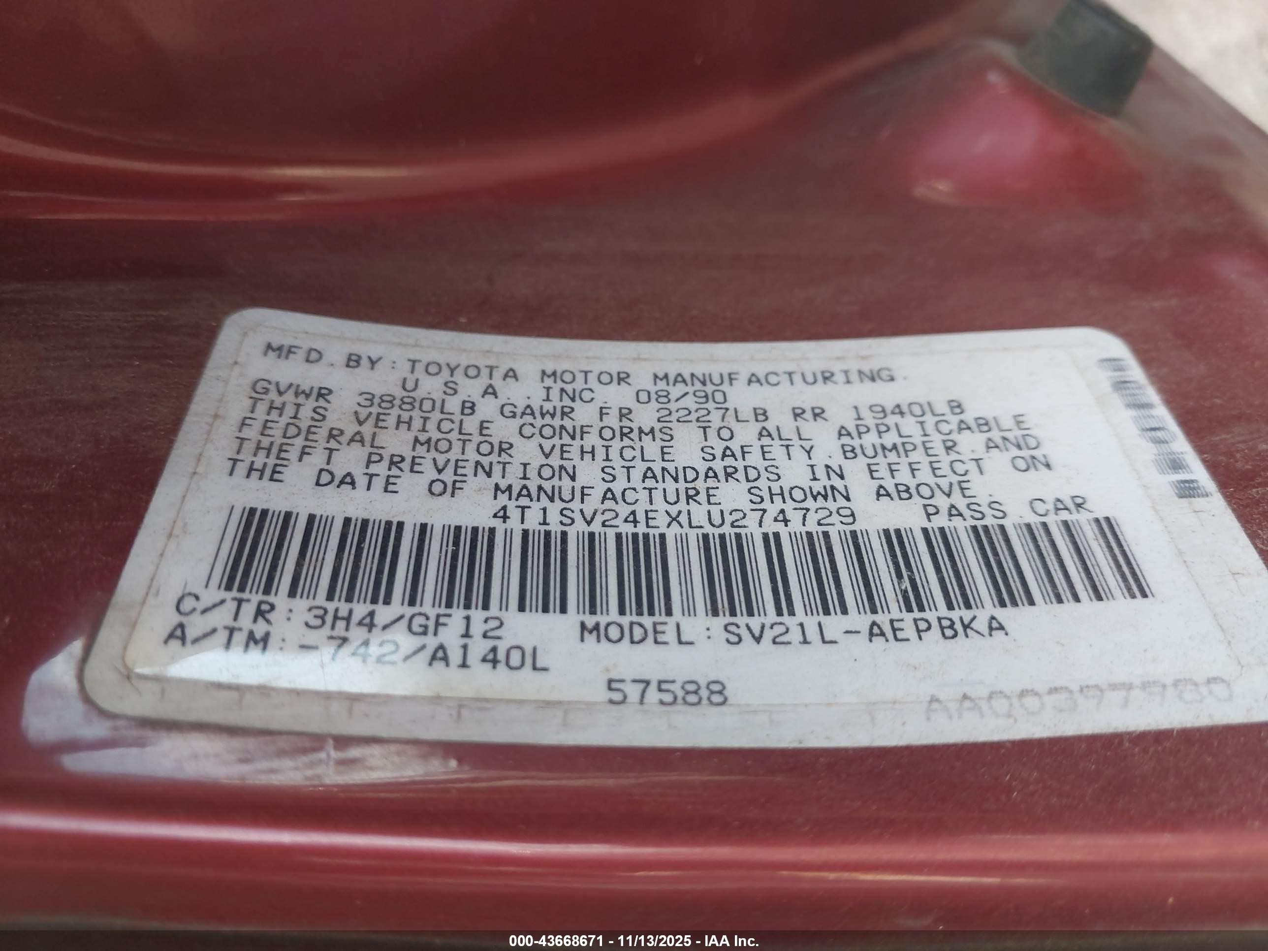 1990 Toyota Camry   Красный vin: 4T1SV24EXLU274729