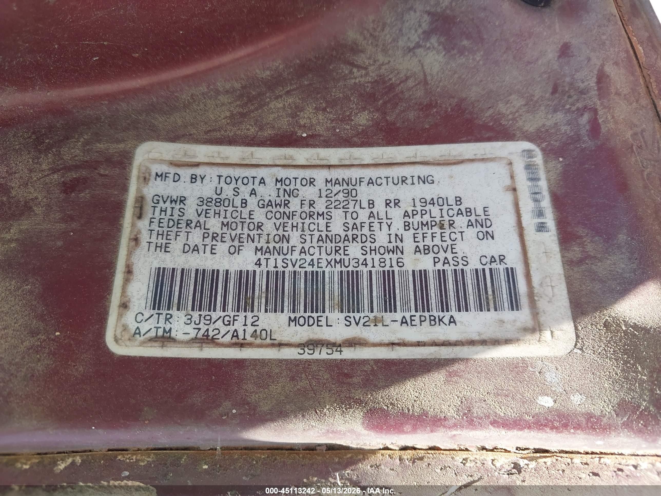 1991 Toyota Camry   Burgundy vin: 4T1SV24EXMU341816