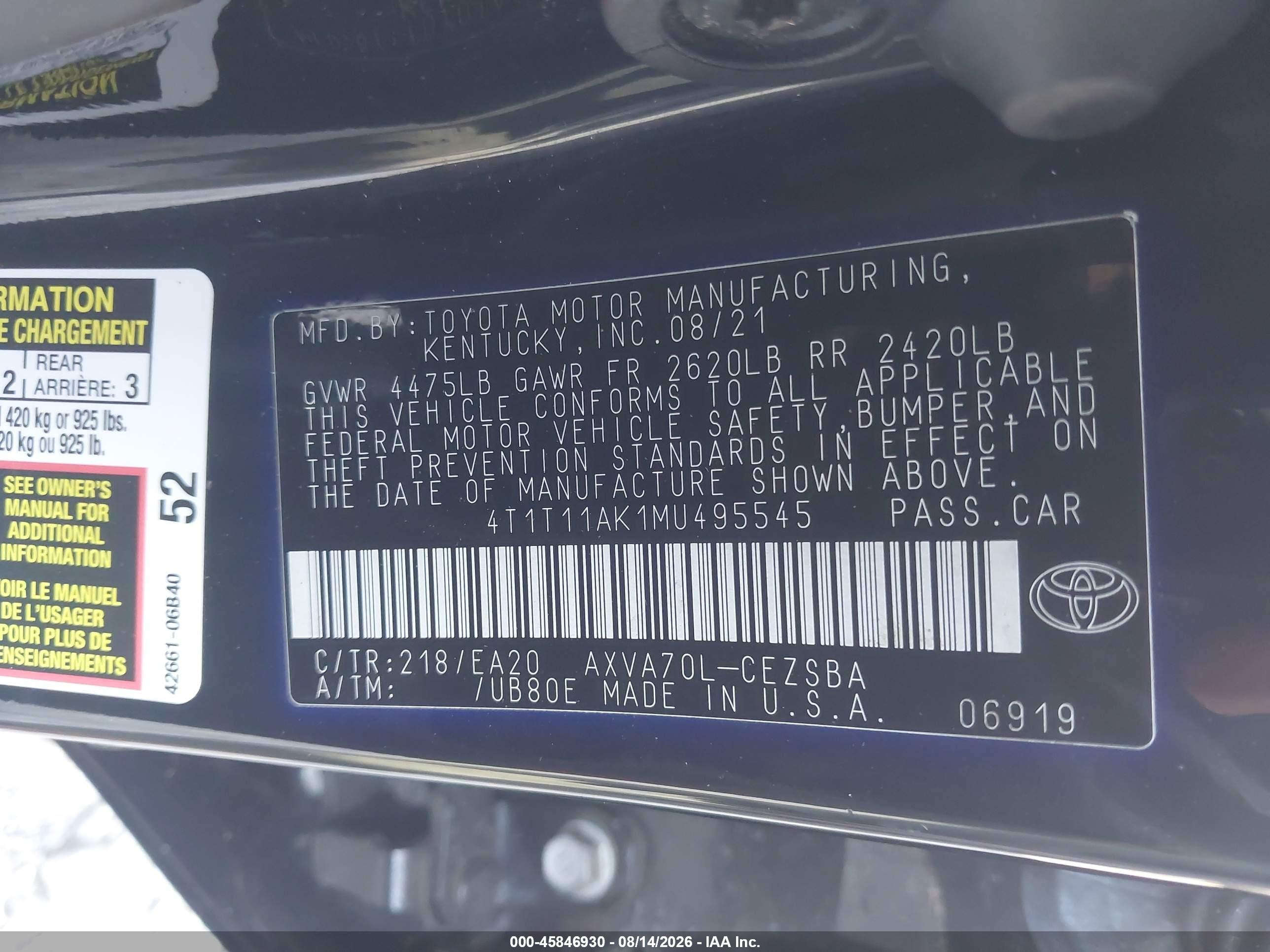 2021 Toyota Camry Se Черный vin: 4T1T11AK1MU495545
