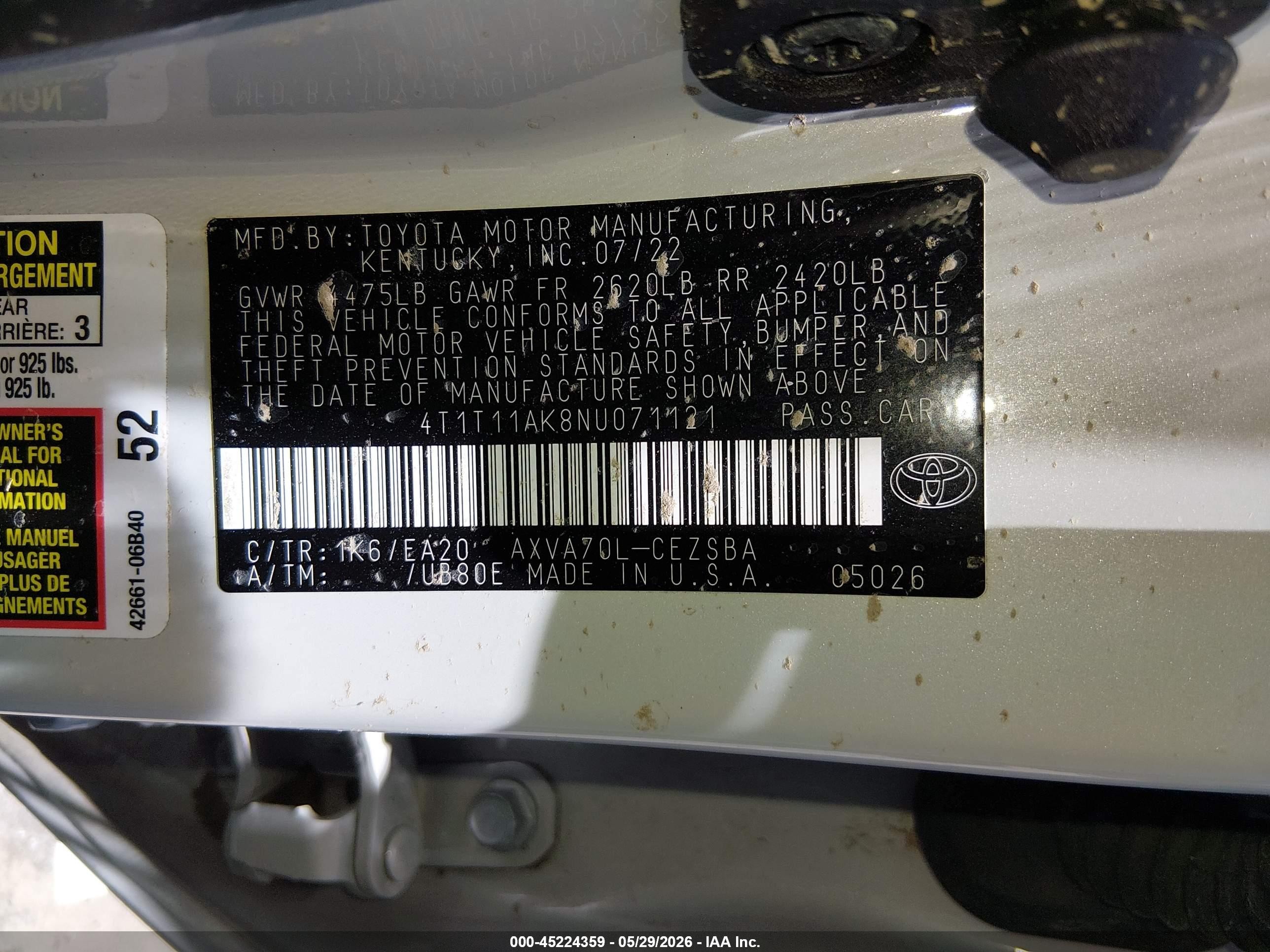 2022 Toyota Camry Se White vin: 4T1T11AK8NU071121