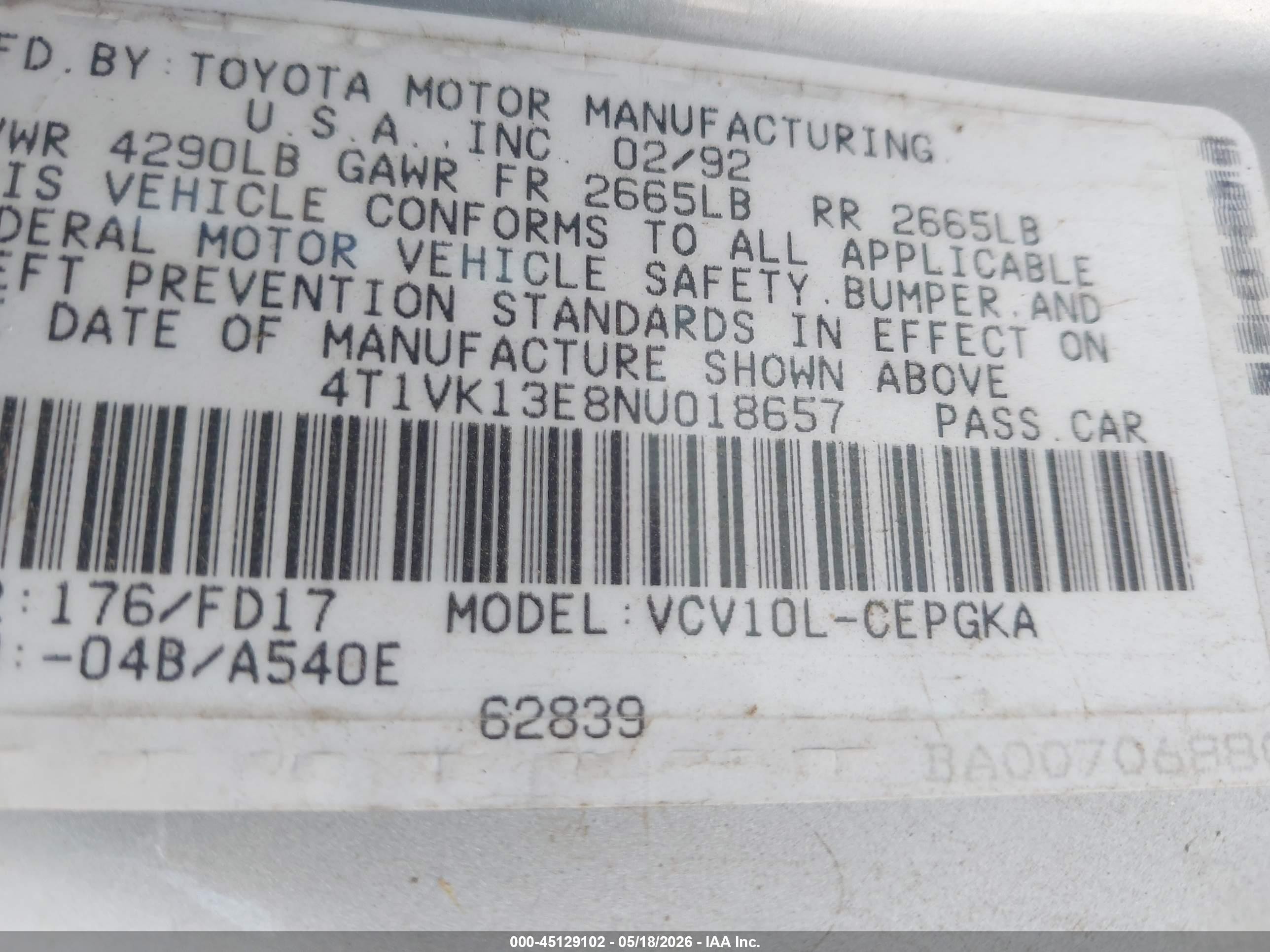 1992 Toyota Camry Xle Silver vin: 4T1VK13E8NU018657