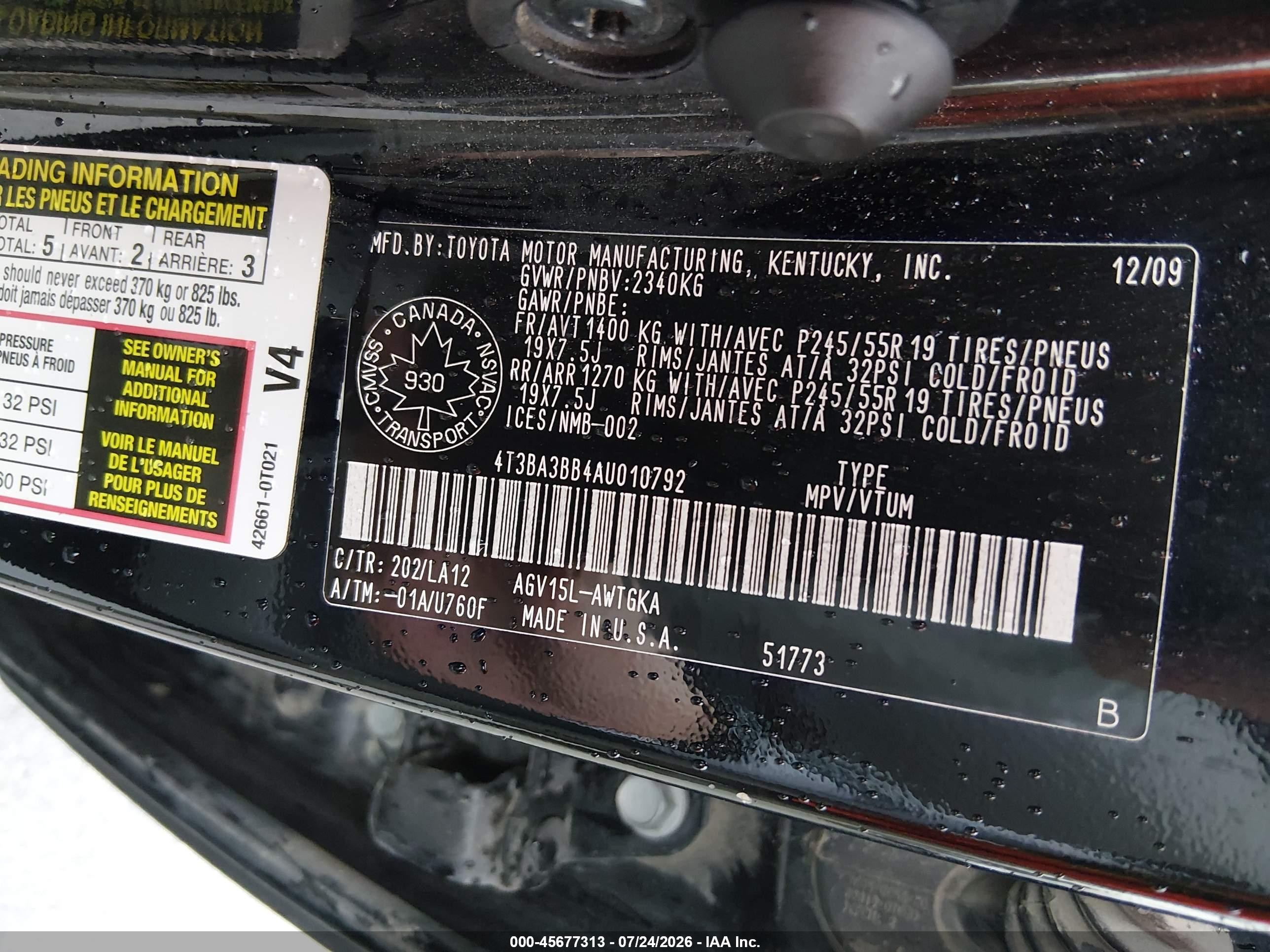 2010 Toyota Venza   Black vin: 4T3BA3BB4AU010792