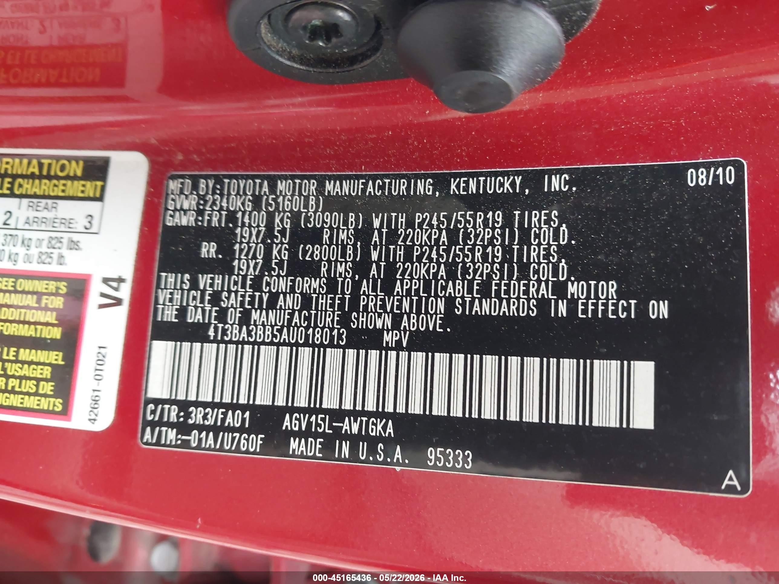 2010 Toyota Venza   Red vin: 4T3BA3BB5AU018013
