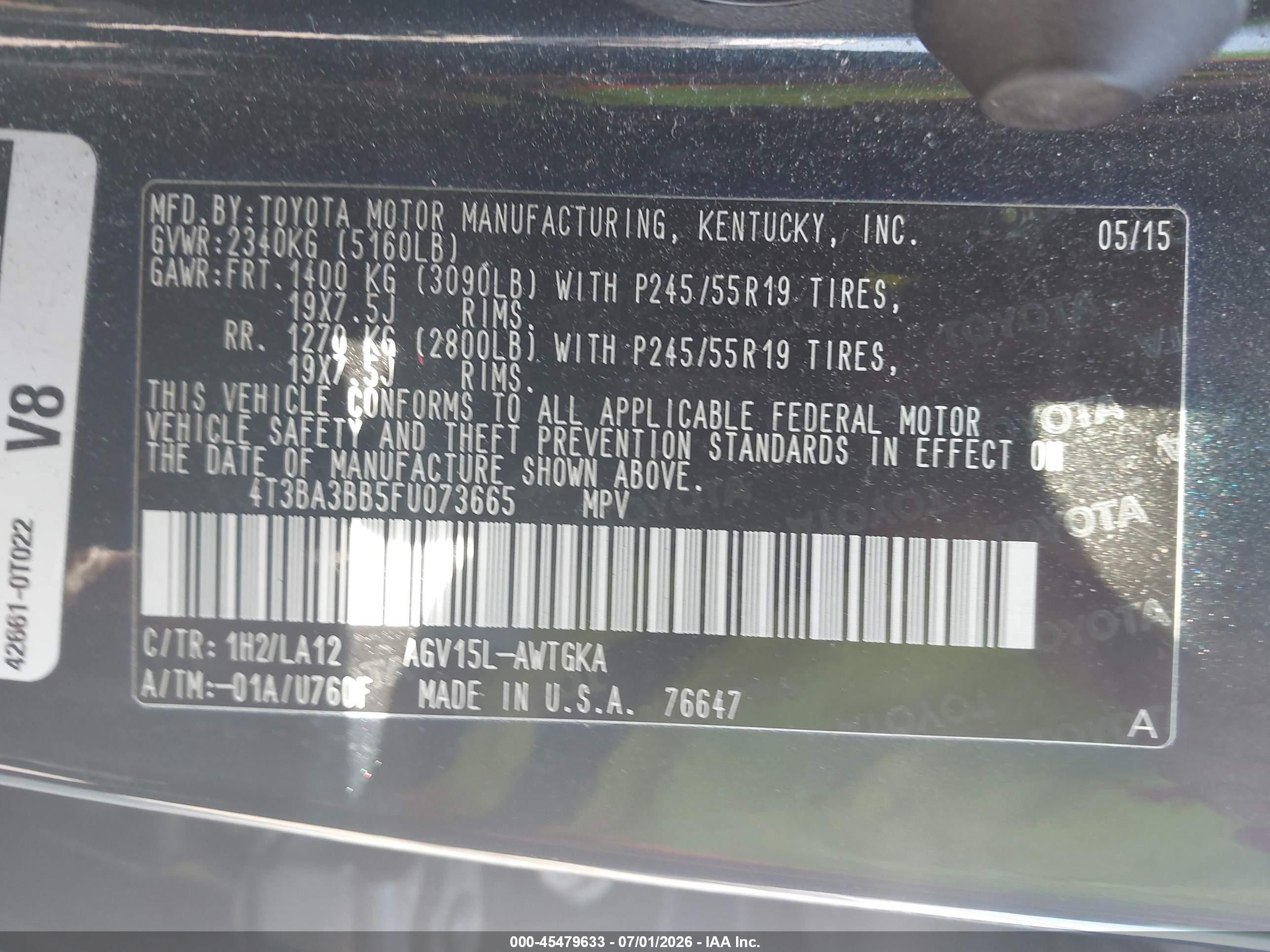 2015 Toyota Venza Xle Black vin: 4T3BA3BB5FU073665