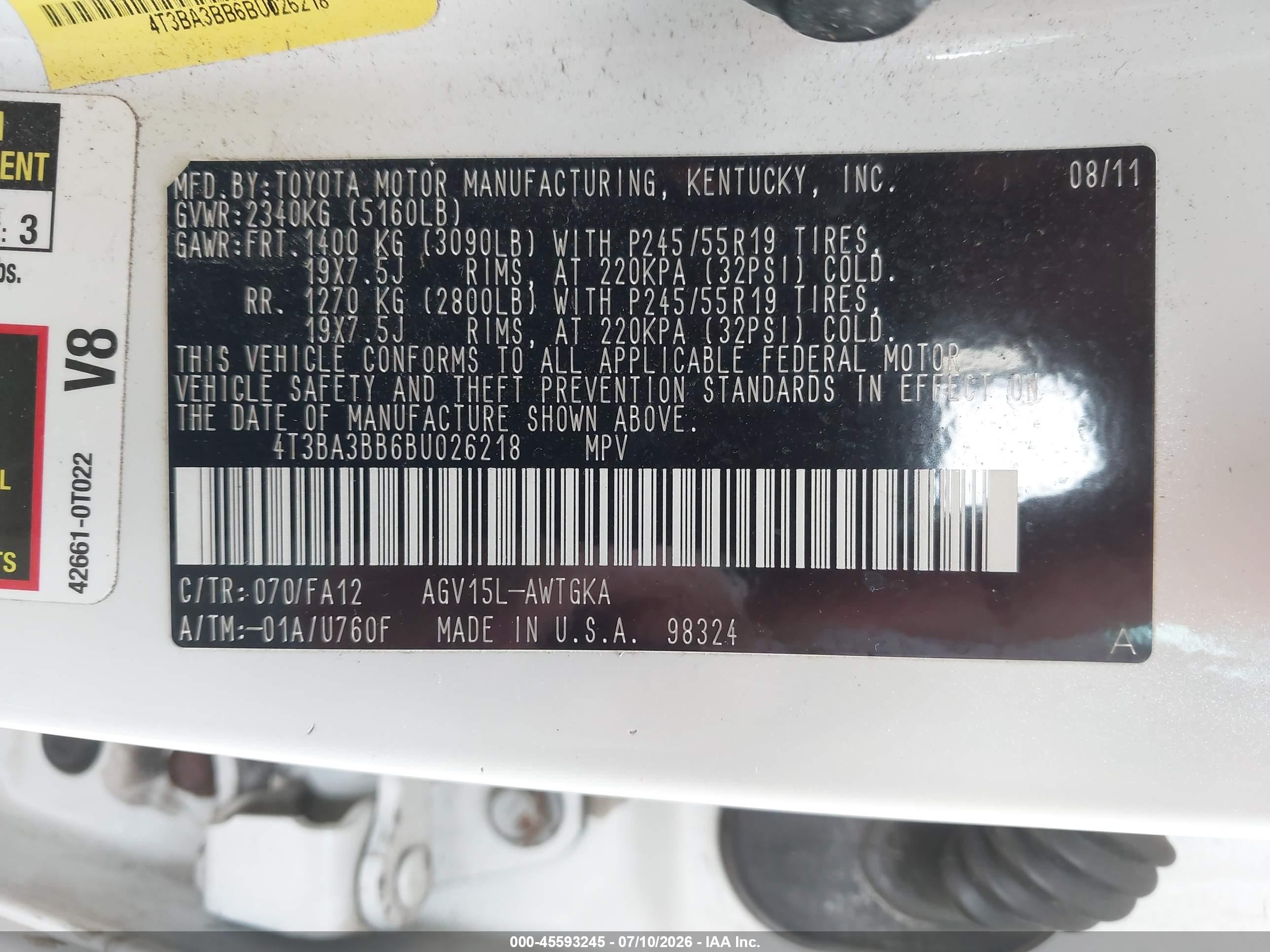 2011 Toyota Venza   White vin: 4T3BA3BB6BU026218