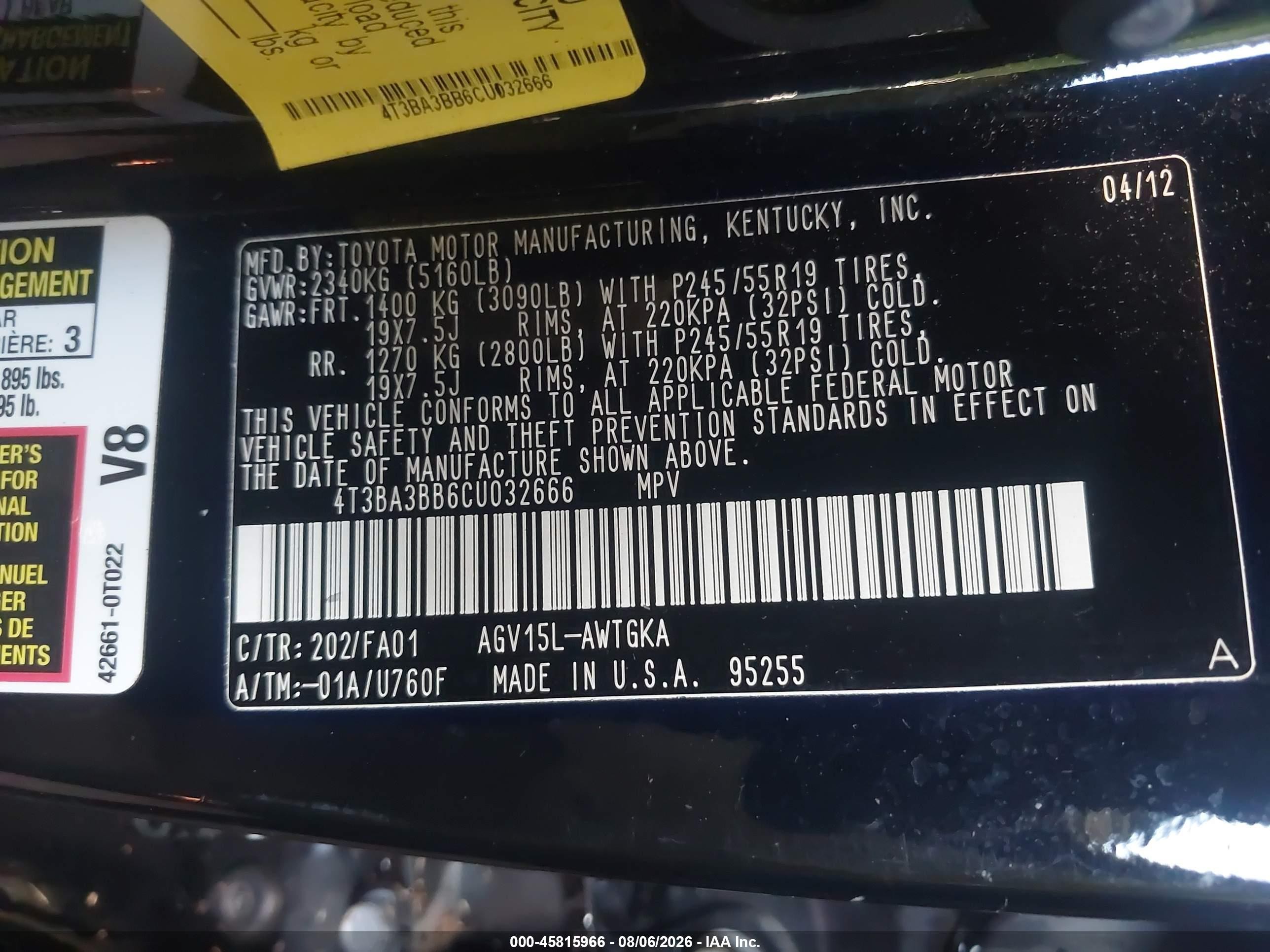 2012 Toyota Venza Le Black vin: 4T3BA3BB6CU032666
