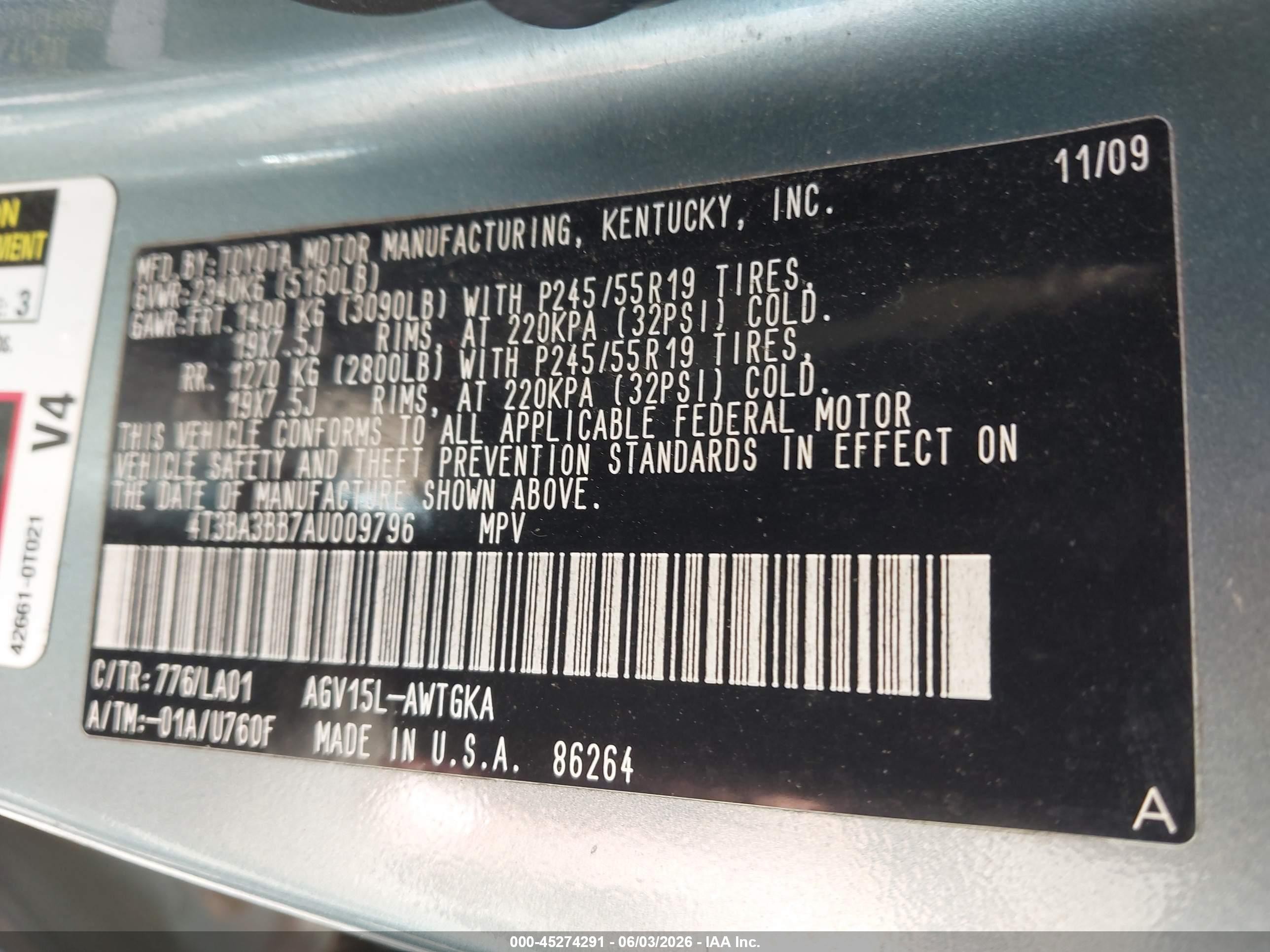 2010 Toyota Venza   Gray vin: 4T3BA3BB7AU009796