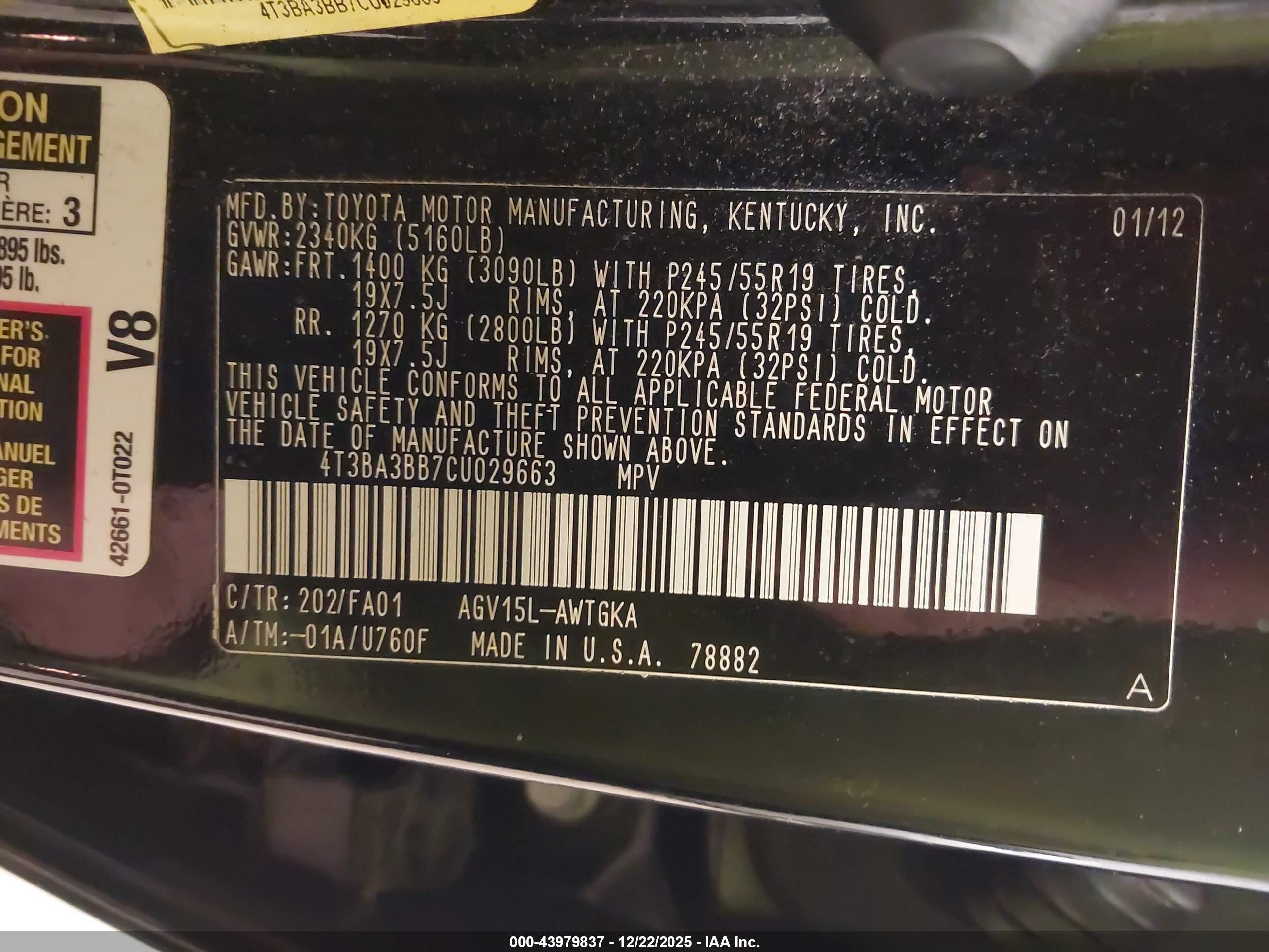 2012 Toyota Venza Le Black vin: 4T3BA3BB7CU029663