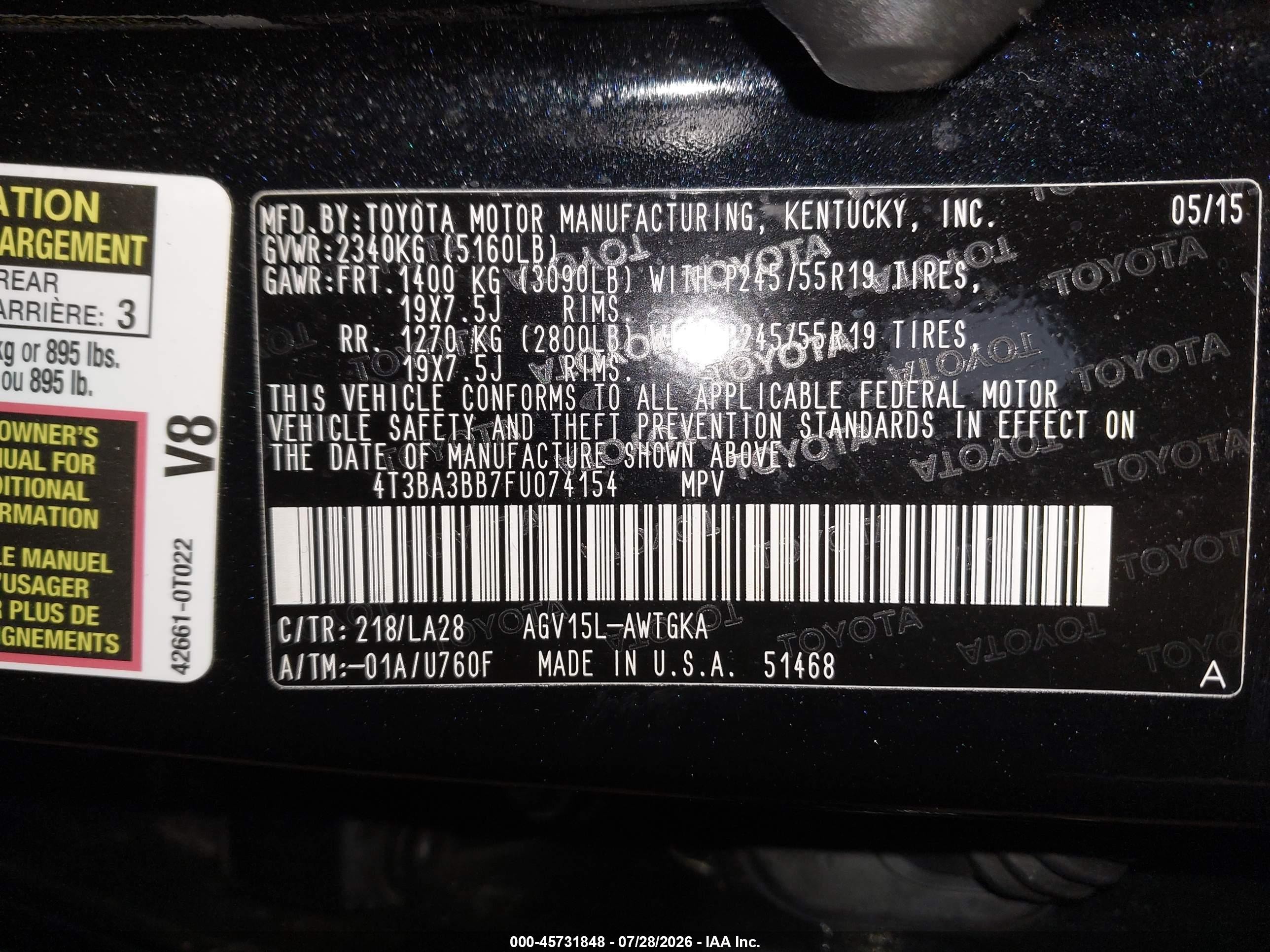 2015 Toyota Venza Xle Black vin: 4T3BA3BB7FU074154