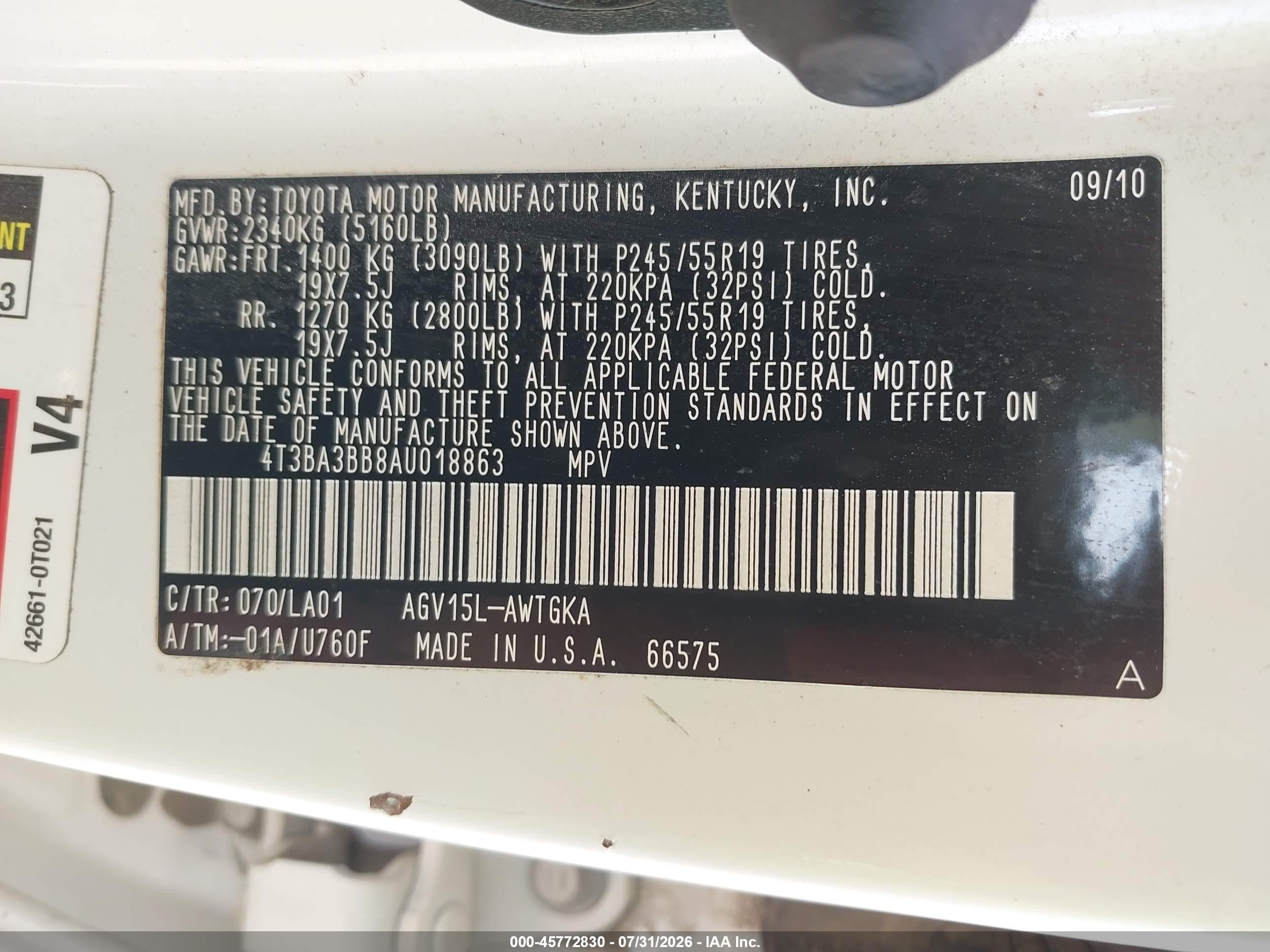 2010 Toyota Venza   White vin: 4T3BA3BB8AU018863