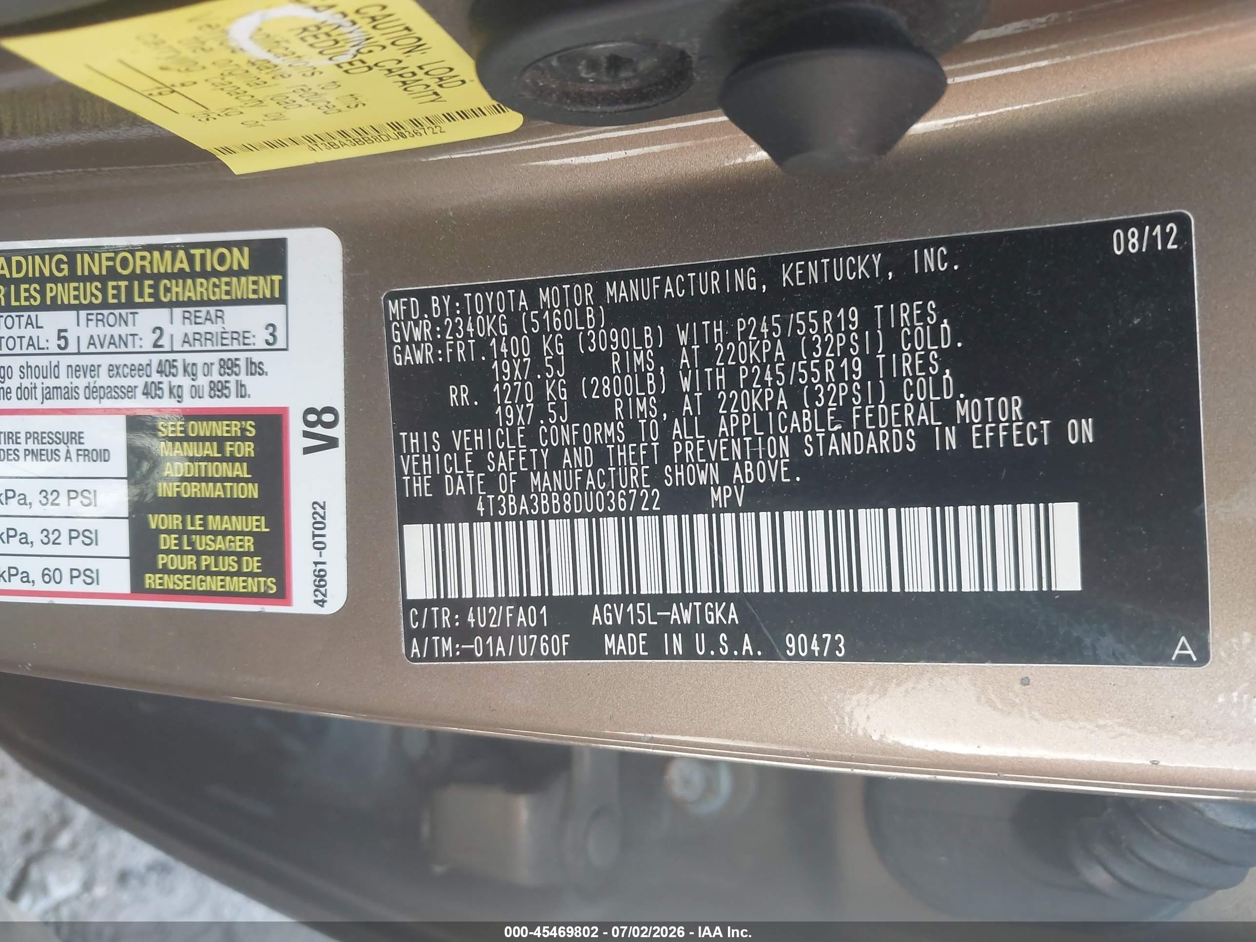 2013 Toyota Venza Le Gold vin: 4T3BA3BB8DU036722