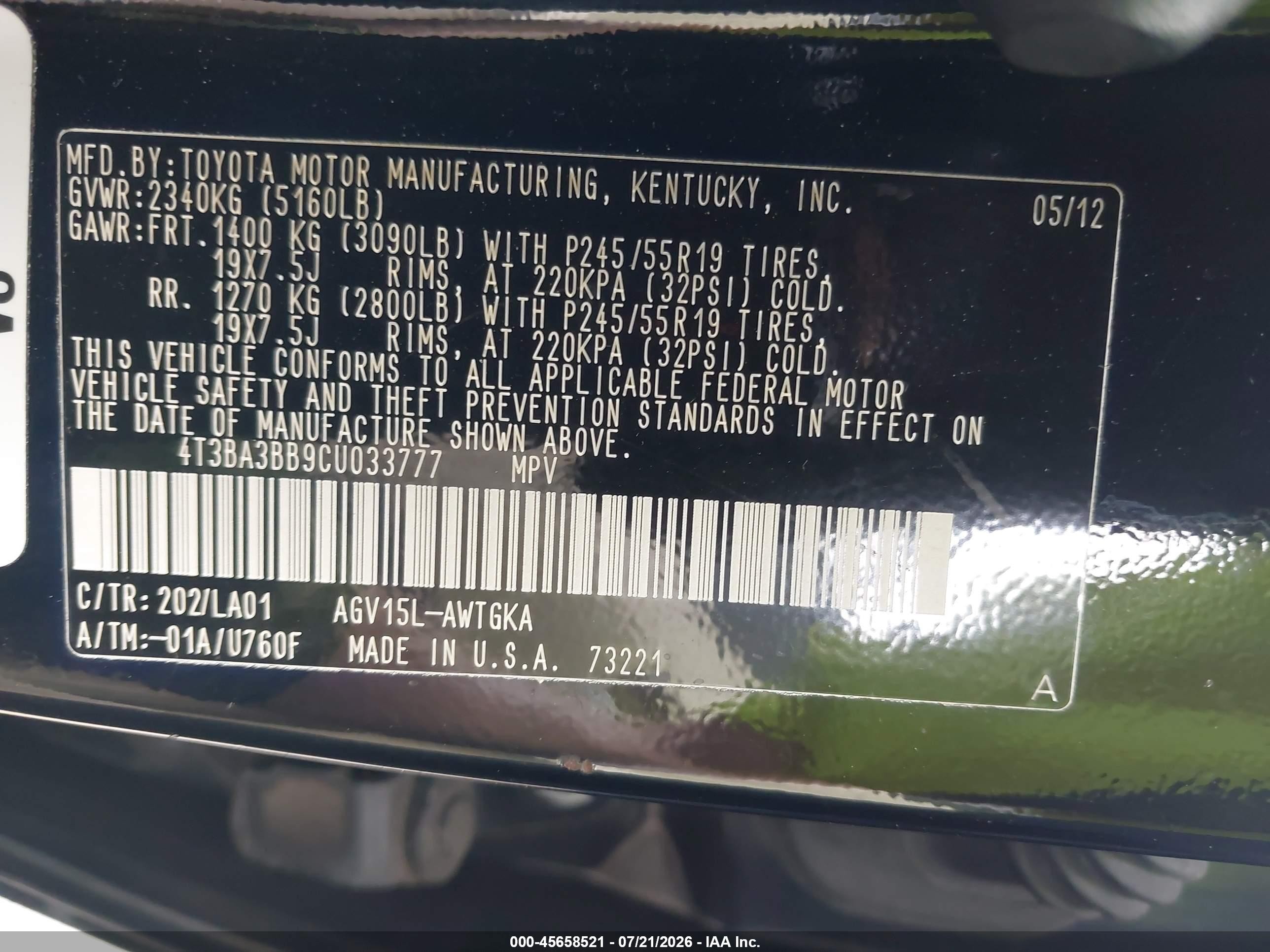 2012 Toyota Venza Xle Black vin: 4T3BA3BB9CU033777