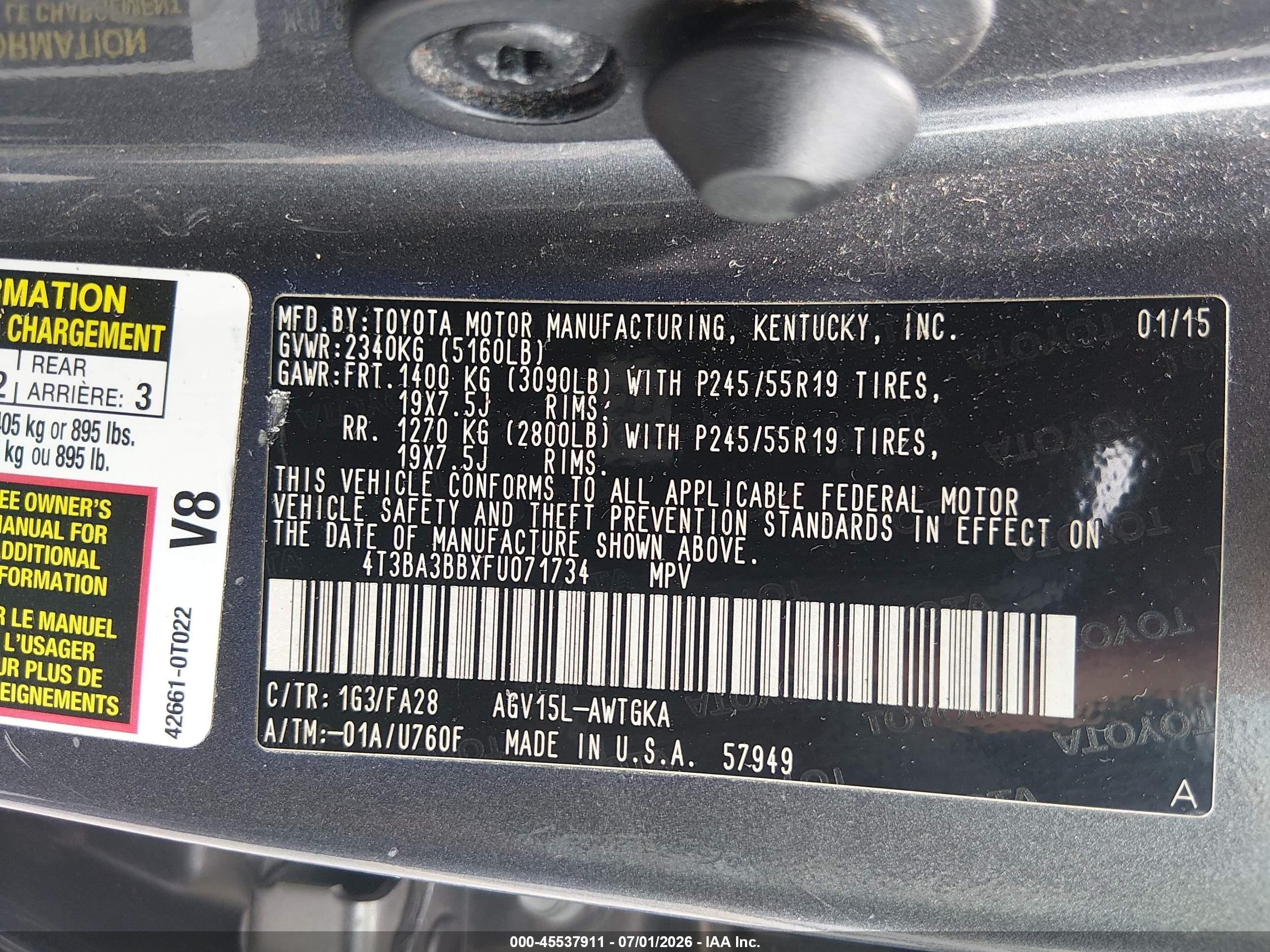 2015 Toyota Venza Le Gray vin: 4T3BA3BBXFU071734