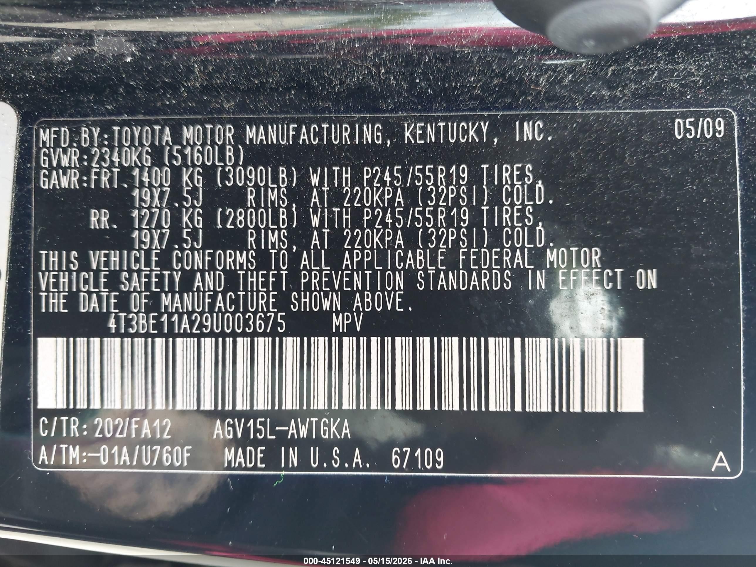 2009 Toyota Venza   Black vin: 4T3BE11A29U003675