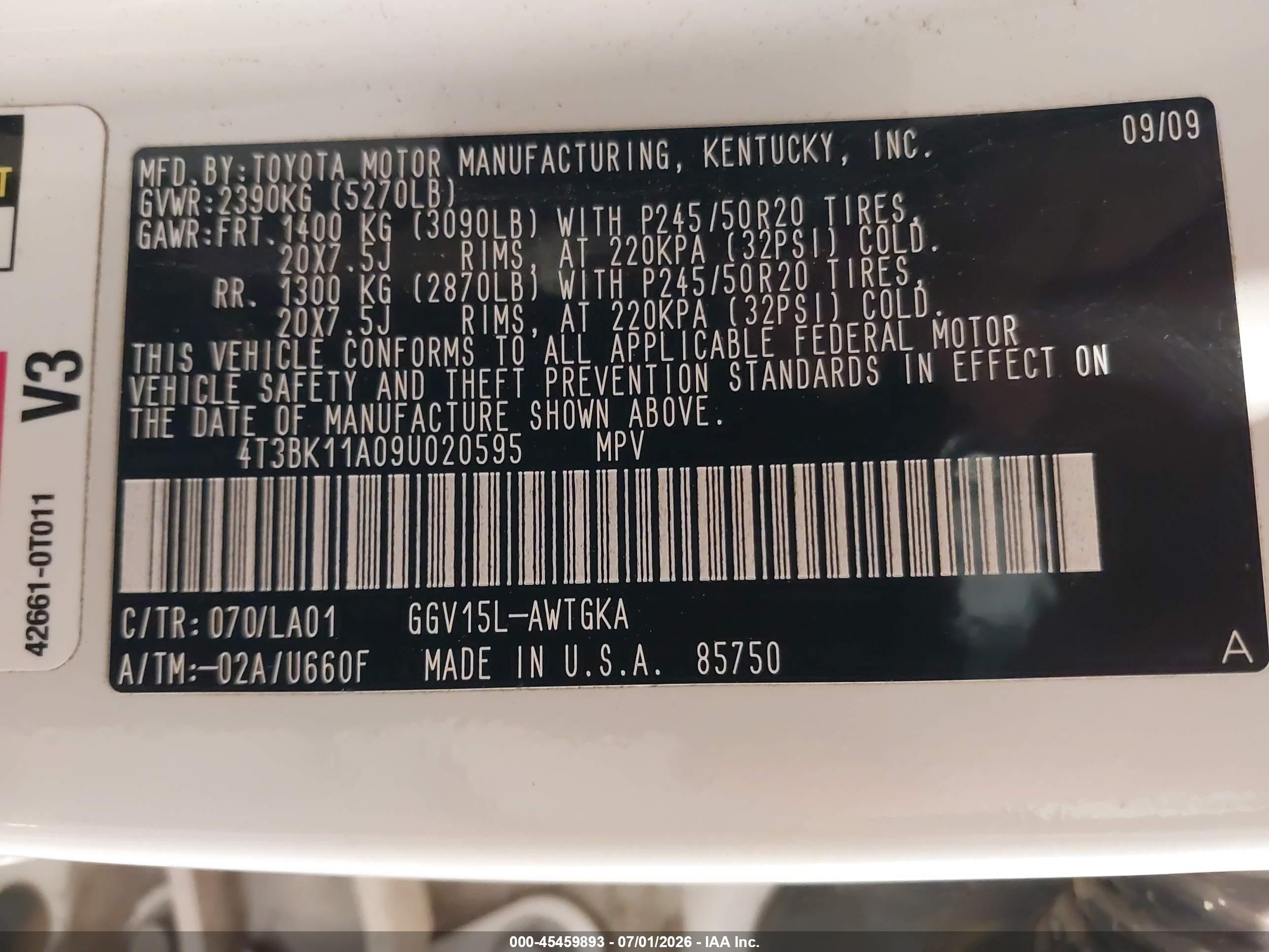 2009 Toyota Venza Base V6 White vin: 4T3BK11A09U020595