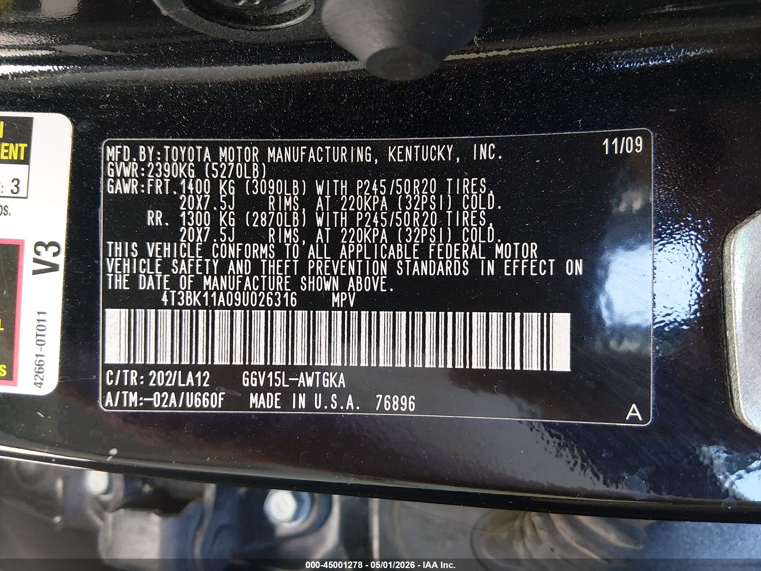 2009 Toyota Venza Base V6 Black vin: 4T3BK11A09U026316